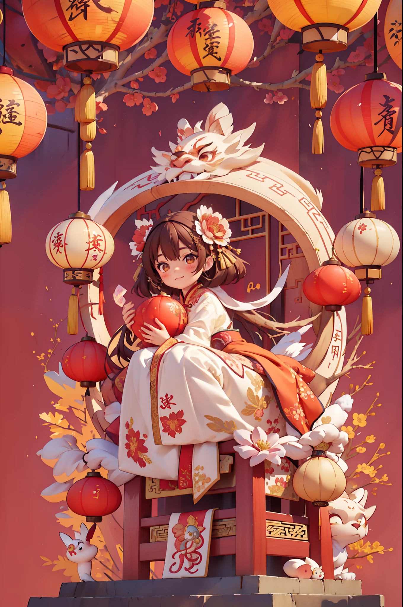 （masterpiece，quality，Best quality，official art，Beauty and aesthetics：1.2），（1 cute girl：1.3），The content is very detailed，alone，CNY,（fractal art：1.1），（a color：1.1）（blooming flowers：1.3），most detailed，（ tangled:1.2), (dynamic poses), (abstract background:1.3), (Chinese fabric:1.2), Hanfu，(skin glowing), (Many colors:1.4), Decorative painting：1.6，），brown hair,hair accessories, light,ink画和ink画，ink，Double tail,Chinese clothes,red background,Big red lanterns hung high，Holding a wishful ornament，