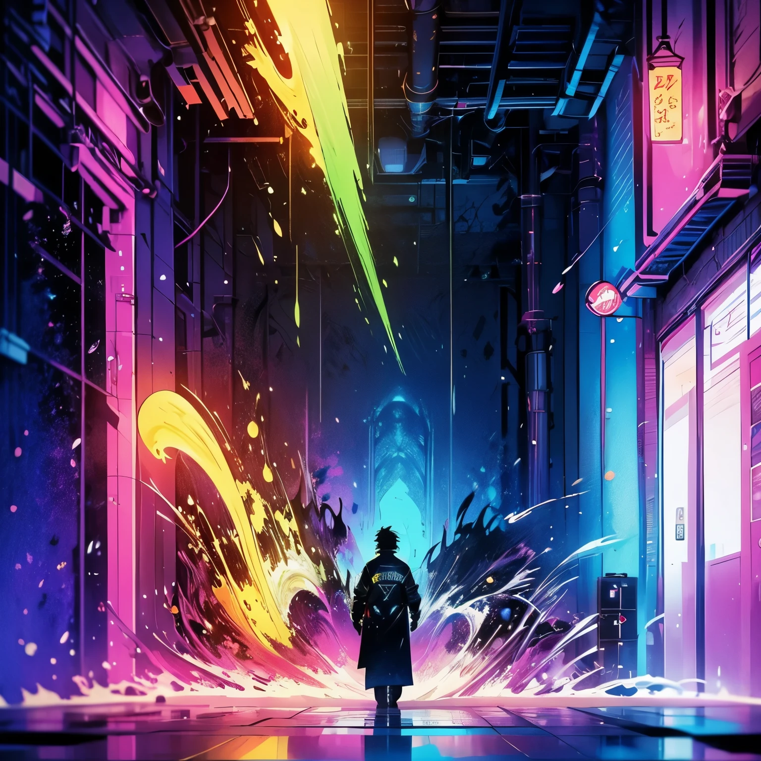 A man stands alone in the hallway of a nightclub, Colorful neon sign,8K, splash art, estilo paint spinning, contour, very detailed, detailed in nature, unreal engine, ghost, splash screen, complementary color, fantasy concept art, 8K resolution, deviantartmasterpiece, oilpaint, heavy stroke, Splash gear. Ink splashes. watercolorsplash. Detailed painting. High resolution. Anime Cartoons. estilo ashley wood.