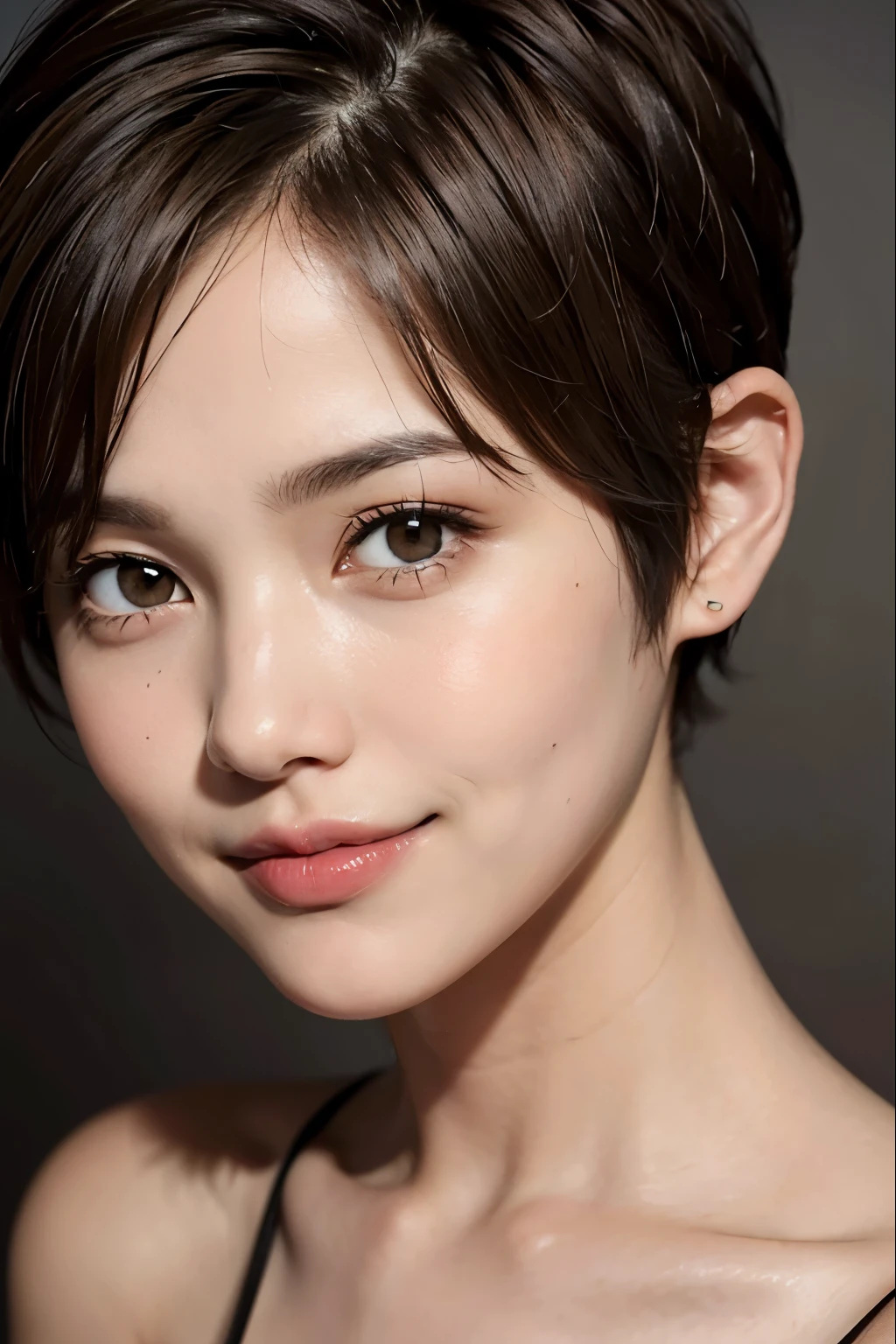 Short hair, pixie cut, smile, brown hair, uneven tips