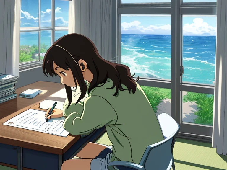 Ghibli style illustration A girl is studying at a study desk while wearing earphones and holding a pen. The ocean can be seen from the open window in front of my desk. The wind is blowing and the curtains are swaying