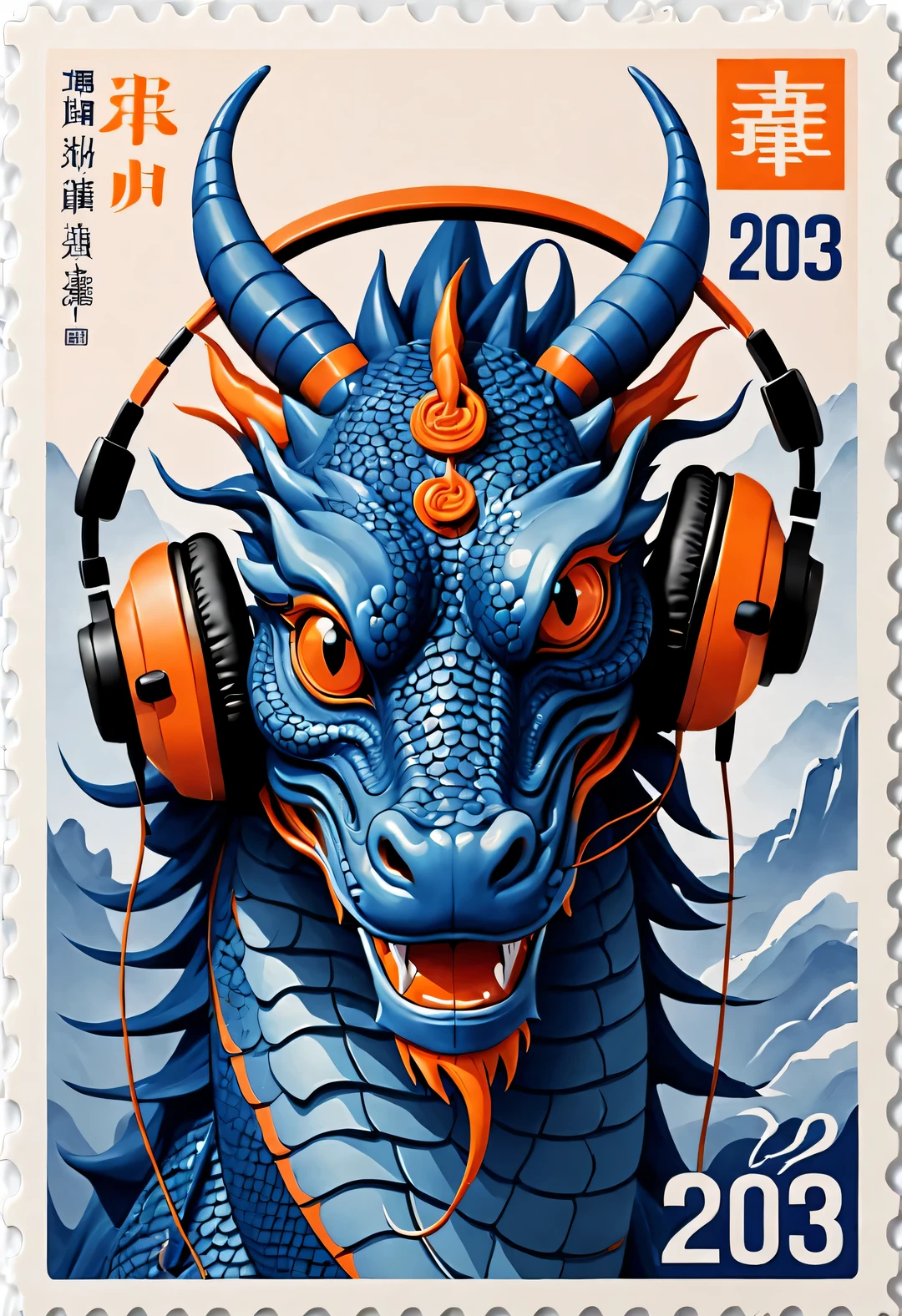 in style of postage stamp design ,,Orange and blue simple chinese dragon wearing big headphones,The stamp is postmarked 2023