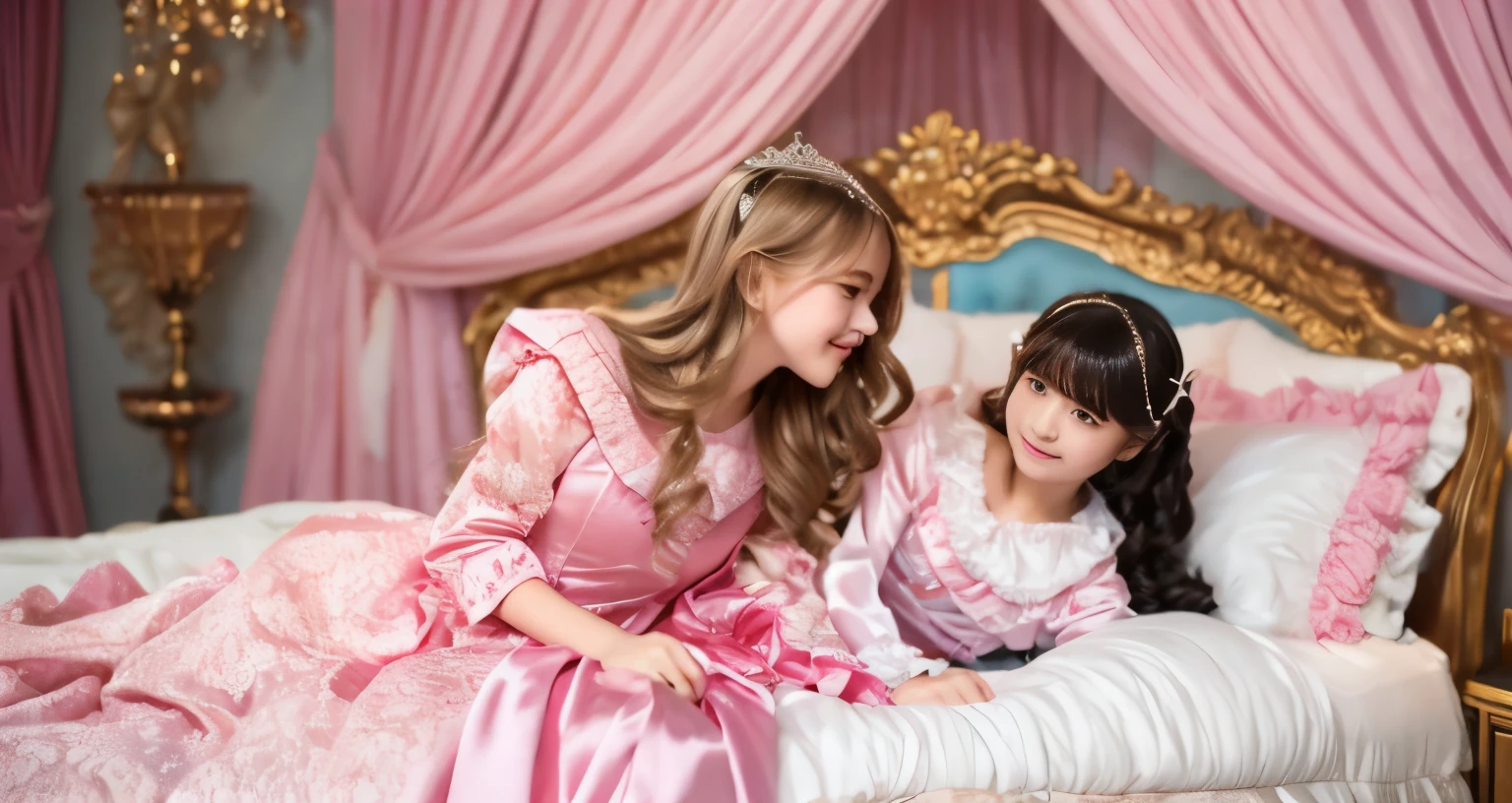 ,highest quality, masterpiece, highest resolution, artwork, super それにget used to it, many get used to it, get used to it, それにget used to it, 3K realistic photos,,((10 years old女の子)),Super detailed baby face,the two girls are princesses,Full length ball gown dress with hoop skirt,ruffled yoke collar,puff sleeves,long sleeve,((Lolita style hot pink detailed princess satin dress、Comes with lots of frills and ribbons。)),colorful rococo fashion,shiny satin dress,Soft and smooth fabric,luxury,long blonde hair,blue eyes,white skin european,pajamas,((inside the palace)),,,(( 10 years old)),Super detailed baby face,Full length ball gown dress with hoop skirt,long skirt,ruffled yoke collar,puff sleeves,腰まで伸びるlong blonde hair,blue eyes,white skin european,pajamas,((inside the palace bedroom)),シルクサテンのluxuryなcanopy bedの上,canopy bed,Luxurious curtains on both sides of the bed,many frilly pillows on the bed,super detailed background,Detailed bed,romantic atmosphere,two little princesses on the bed,Two people hugging each other,((((Both legs are hidden in the dress)))),the dress is spread out on the bed,soft silk satin comforter,soft silk satin ruffled pillow,Beautiful girl illustration,detailed beautiful face detailed hair,detailed human eye ,detailed mouth, arm details,fine hands,Detailed pillow,