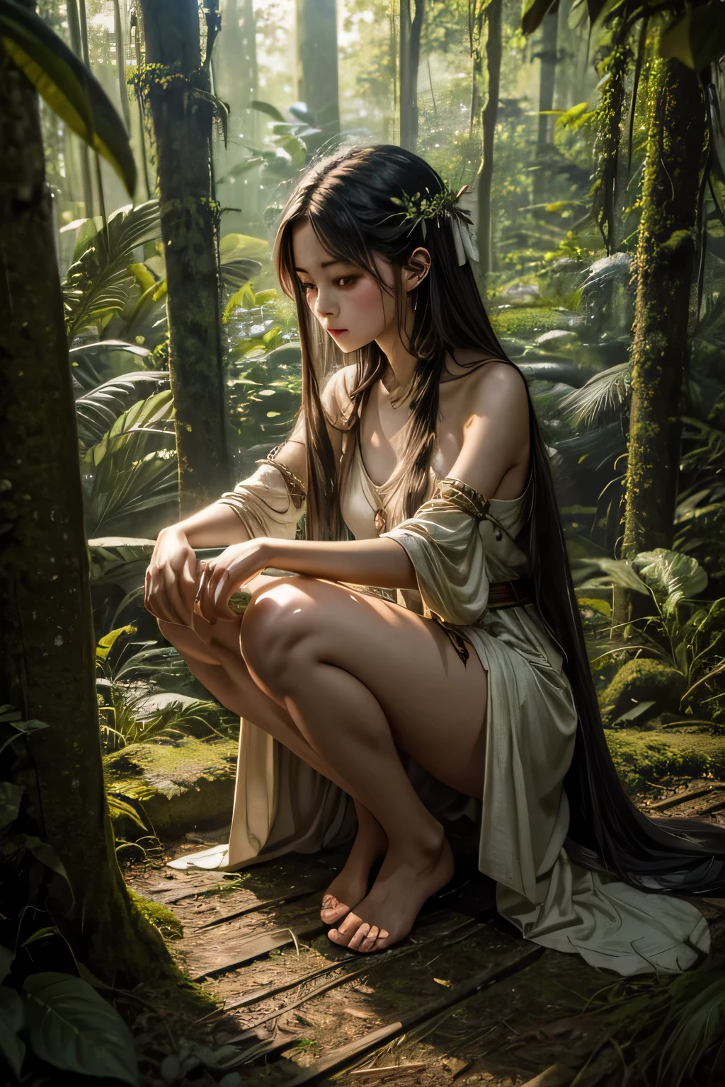 High resolution、sad expression、wildlife。dense forest、Beautiful girl who was sacrificed、The world in a dream、skinny girl、high nose、Primitive period、、Frugal life。poor costume、lightly dressed