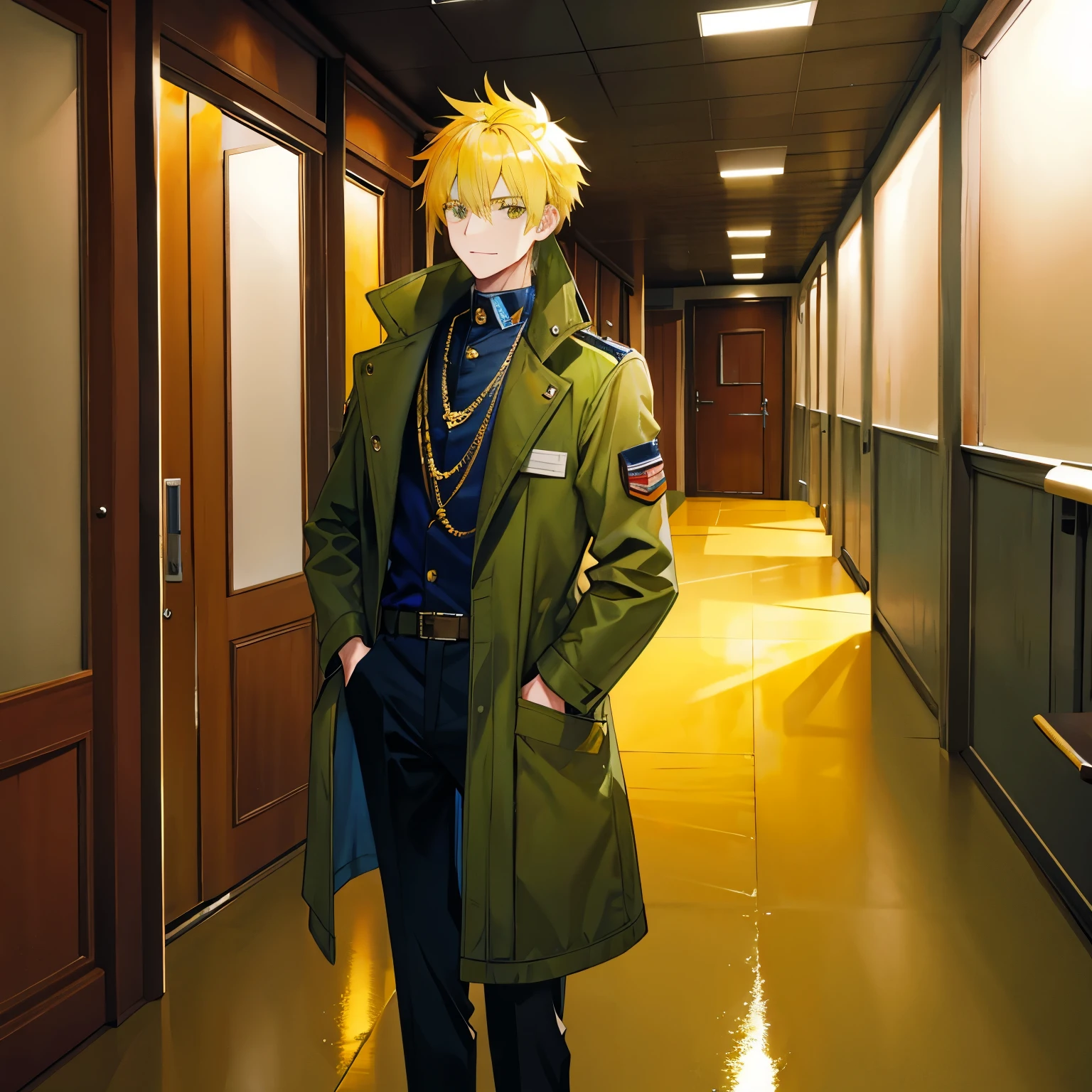 A man,Handsome,Spiky Yellow Hair, Air Millitary Base,Sateen,Millitary coat large,Put your hands in your pockets