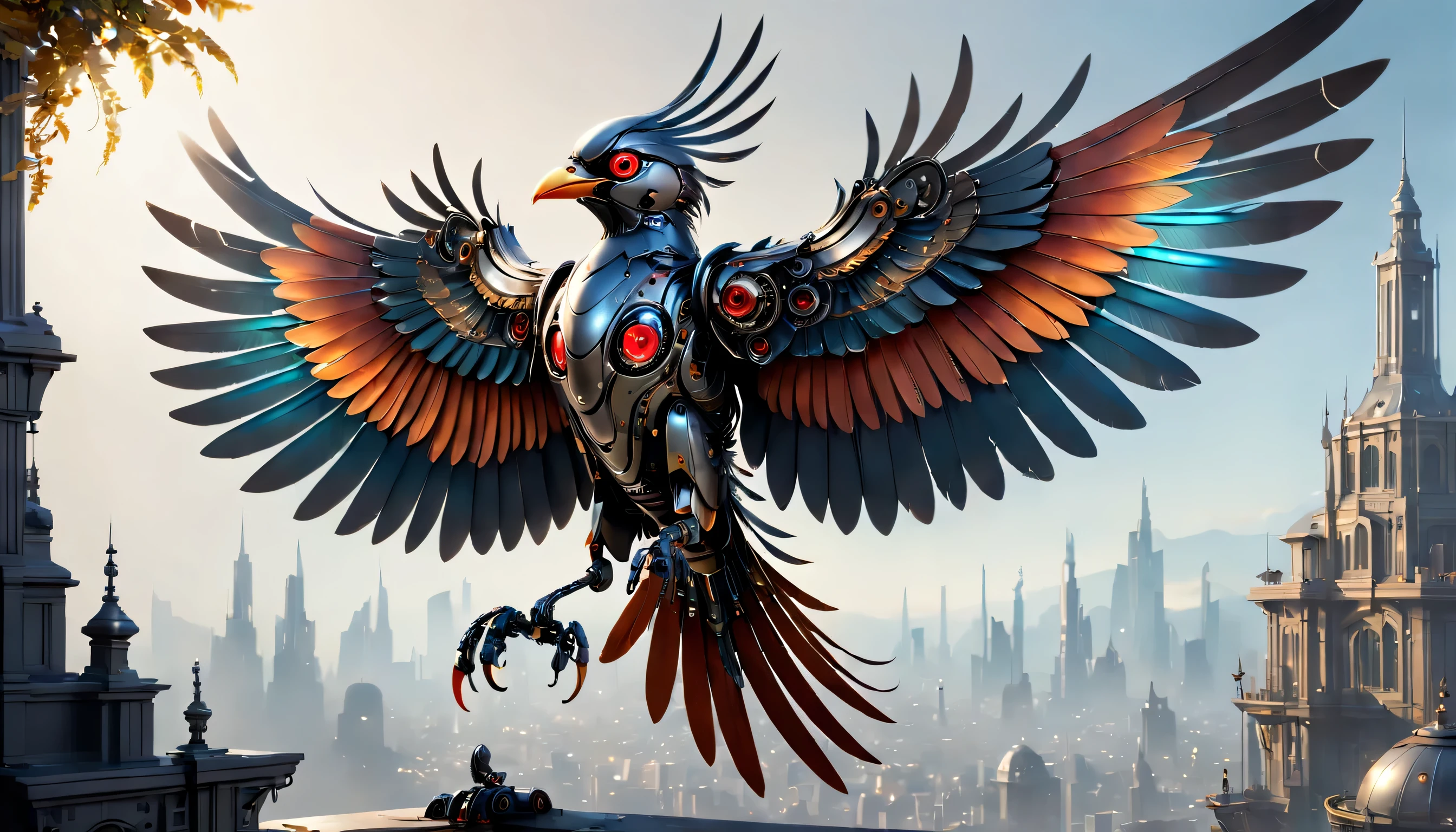 (Best quality,4K,8K,A high resolution,Masterpiece:1.2),Ultra-detailed,Realistic,Mechanical birds,Detailed mechanical wing,Metal feathers,Glowing red eyes,Precise and complex design,Collapsible mechanical wing,Ultra-fine texture,Mechanical beak,Shiny steel body,hovers in mid-air,High-tech robotic bird,Artistic rendering,Vibrant colors,Sharp focus,Dynamic lighting effects,futuristic concept art