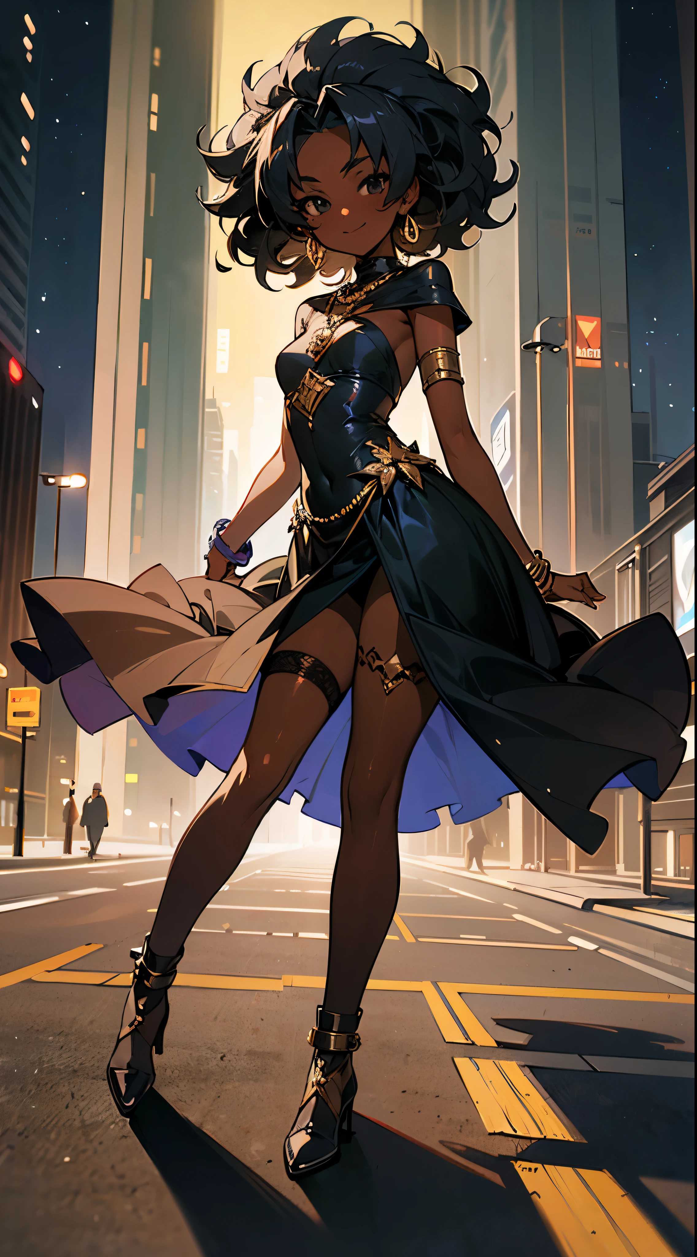 African dark skin, shiny effect, shiny accessories, skin reflecting light, accessories, necklaces, earrings, bracelets, armlets, thigh garter, 1 girl, curly hair, black high-slit dress, black eyes, friendly smile, night city, view from the ground