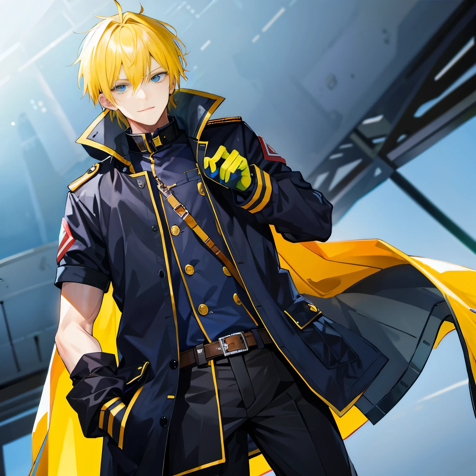A man,Handsome,Spiky Yellow Hair, Air Millitary Base,Sateen,Millitary coat large,Put your hands in your pockets