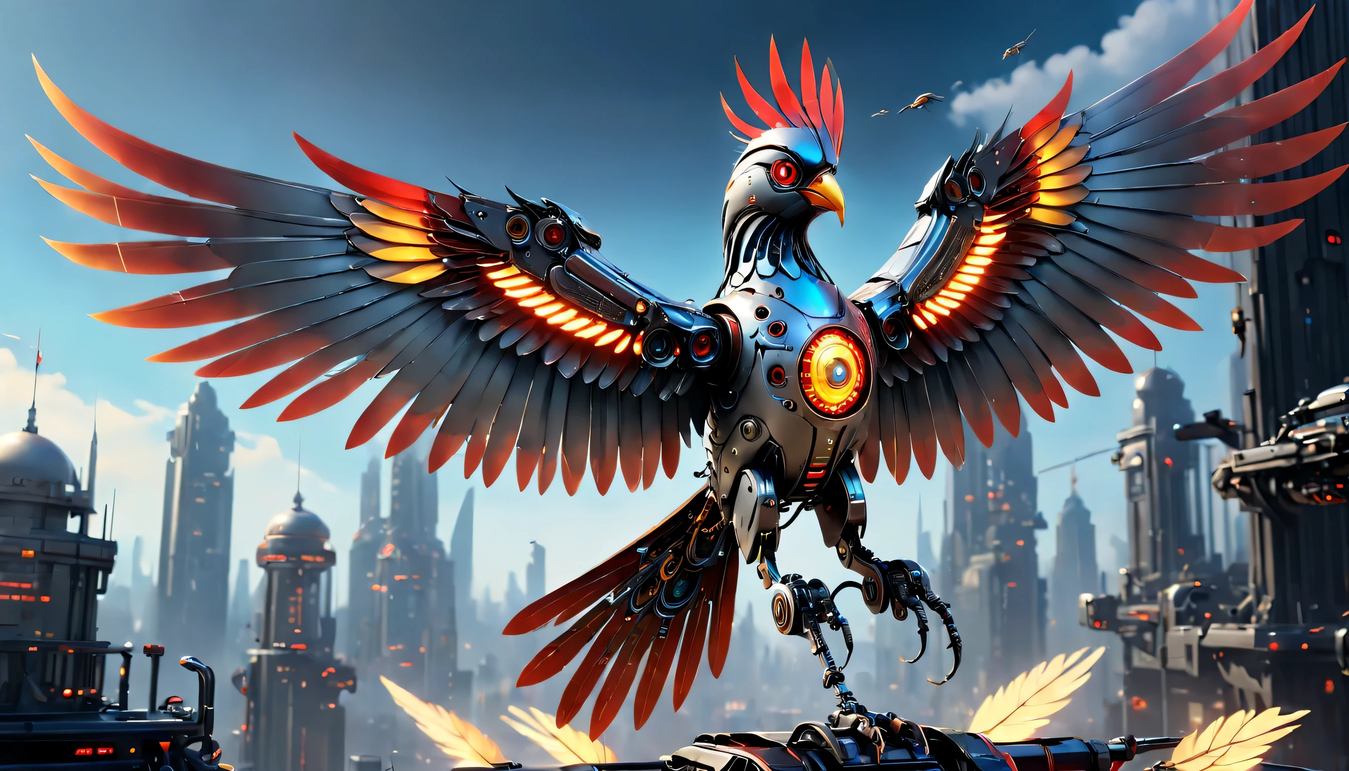 (Best quality,4K,8K,A high resolution,Masterpiece:1.2),Ultra-detailed,Realistic,Mechanical birds,Detailed mechanical wing,Metal feathers,Glowing red eyes,Precise and complex design,Collapsible mechanical wing,Ultra-fine texture,Mechanical beak,Shiny steel body,hovers in mid-air,High-tech robotic bird,Artistic rendering,Vibrant colors,Sharp focus,Dynamic lighting effects,futuristic concept art