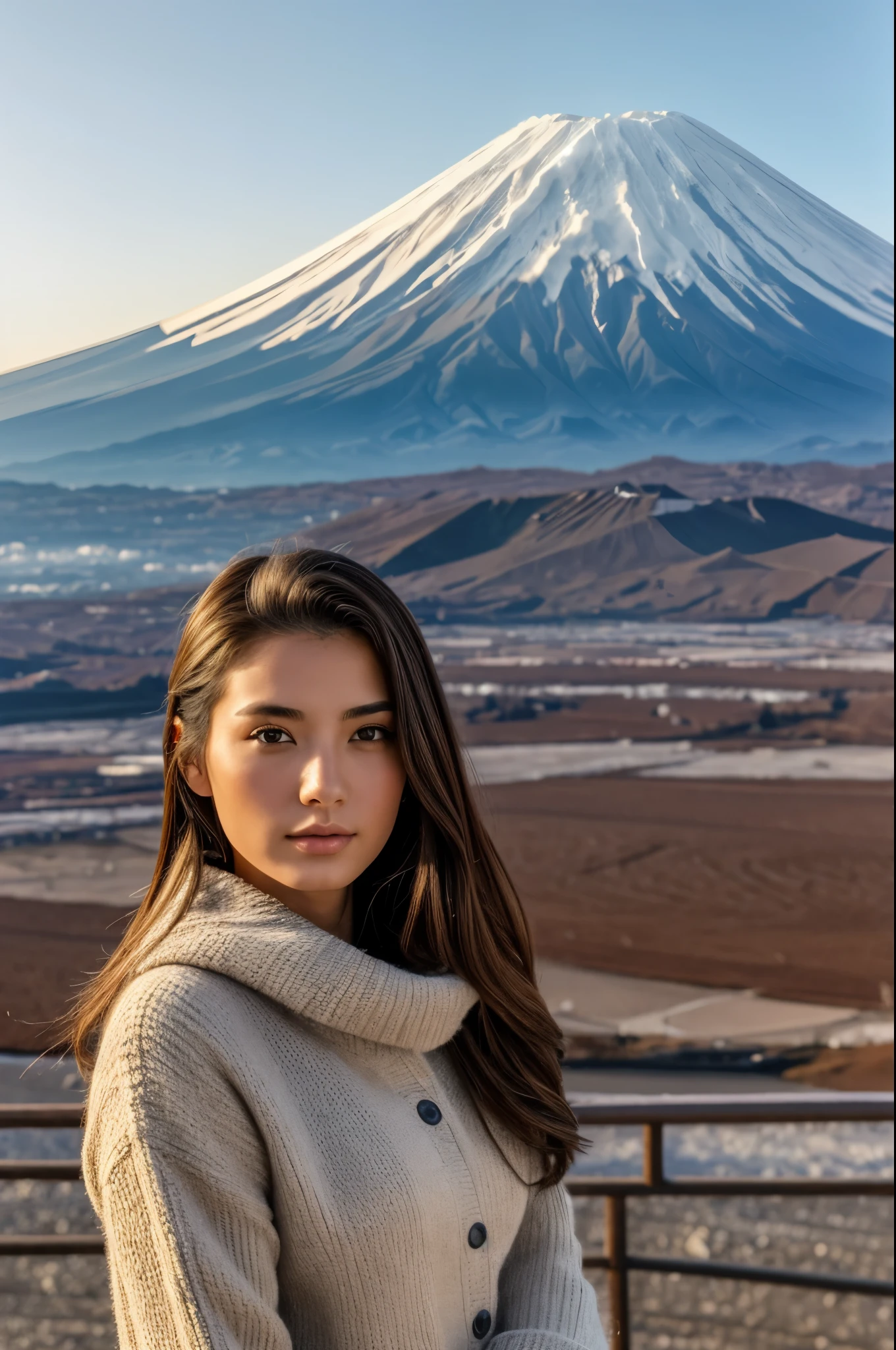 masterpiece, best quality, photorealistic, (distant view), a beautiful Italian model, 26yo, ((there is 1 mount fuji)), extremely detailed background, morning, in winter, very detailed face