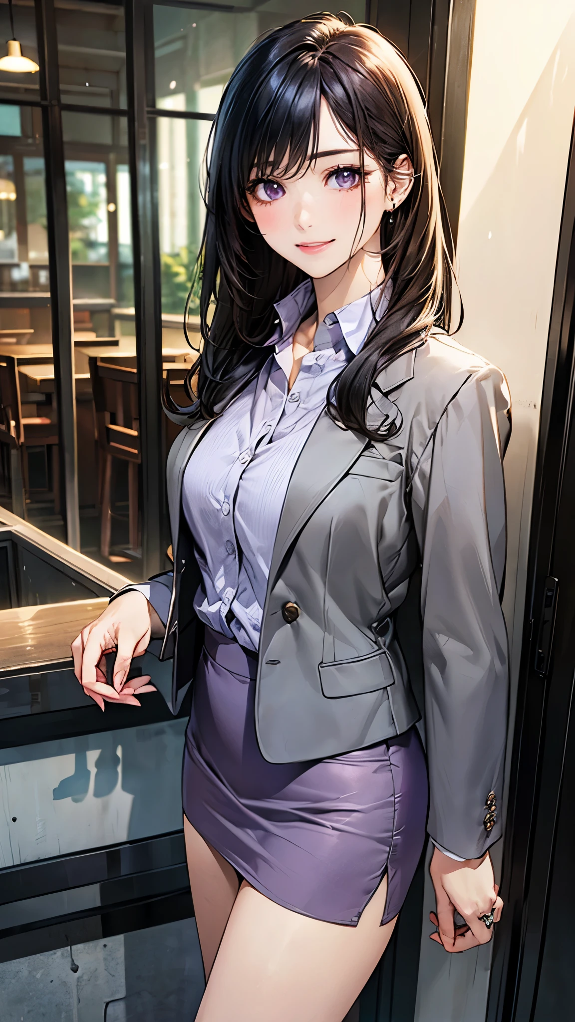 (masterpiece:1.2, top-quality), (realistic, photorealistic:1.4), beautiful illustration, (natural side lighting, movie lighting),
looking at viewer, 1 girl, japanese, 17 years old, perfect face, perfect body, cute and symmetrical face, shiny skin, babyface,
(long hair, straight hair, long sideburns, black hair), swept bangs, dark purple eyes, big eyes, drooping eyes, (middle breasts, seductive thighs), piercings,
beautiful hair, beautiful face, beautiful detailed eyes, beautiful clavicle, beautiful body, beautiful chest, beautiful thigh, beautiful legs, beautiful fingers,
(((grey business jacket, close clothes), light purple collared shirt, grey tight skirt), engagement ring),
(beautiful scenery), evening, (caffee shop), standing, reaching out, (lovly smile, upper eyes),