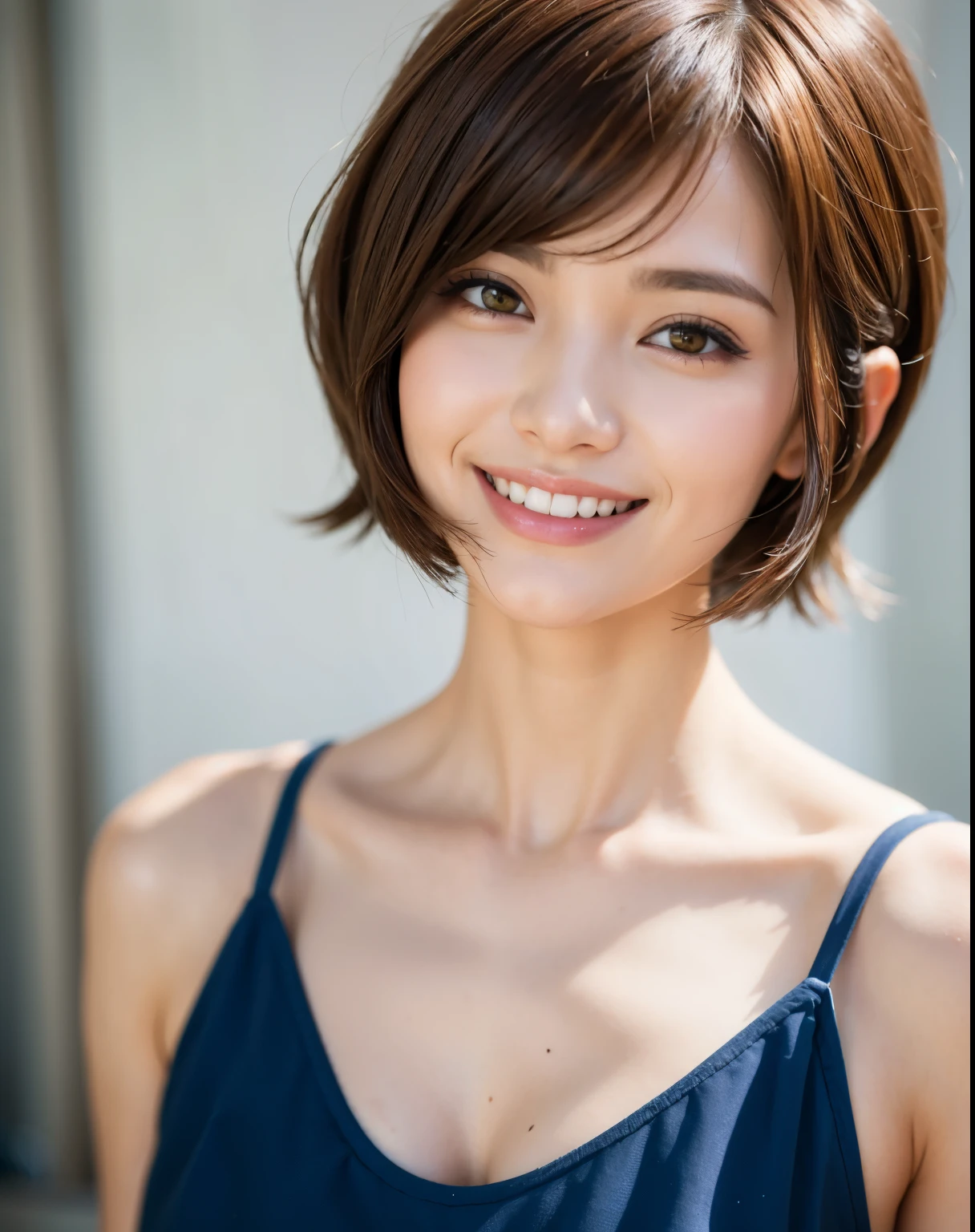 Uneven hair ends pixie cut smile brown hair
