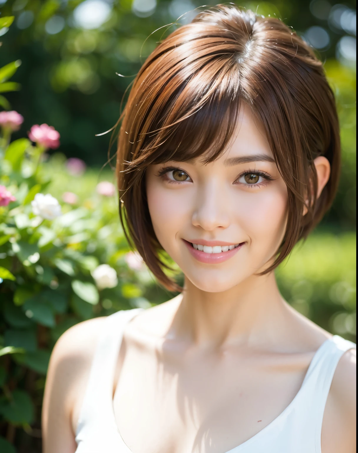 Uneven hair ends pixie cut smile brown hair