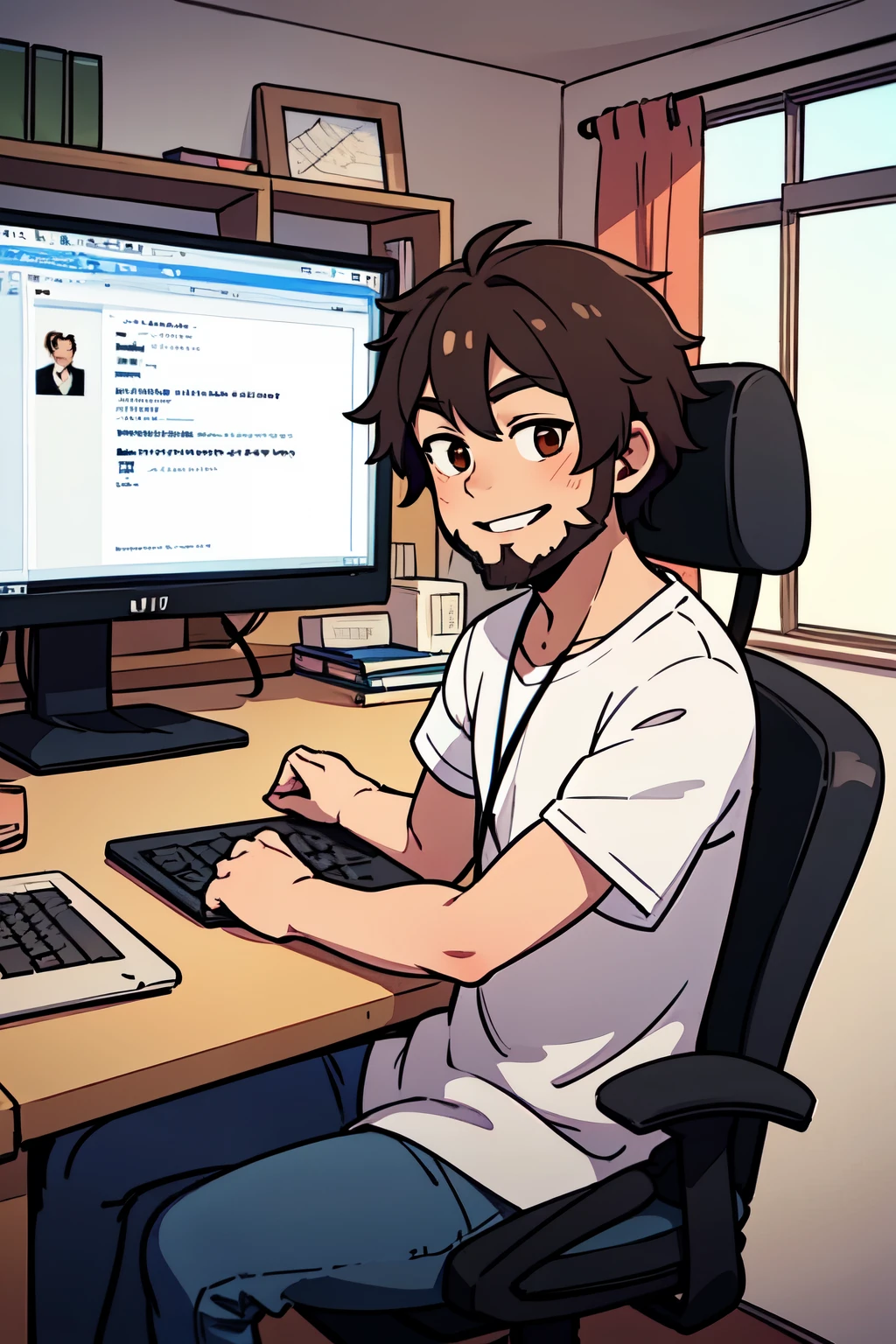male web developer with goatee beard and dark-brown hair, sitting with Apple laptop and coding, on a desk, with a smile
