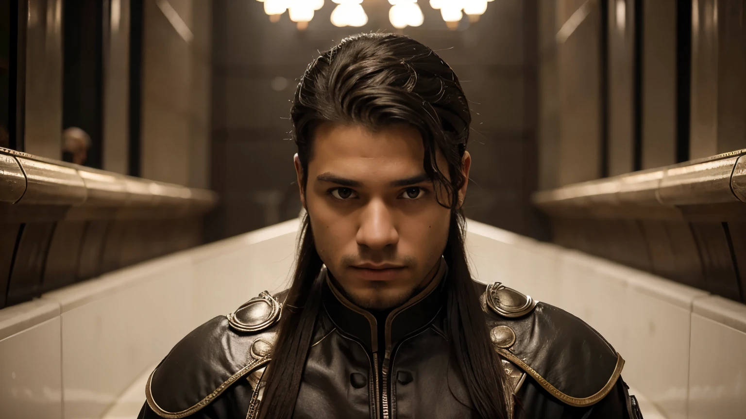 Jovem rei Grego sentado no trono, com o cabelo preto e olhos na cor ambar