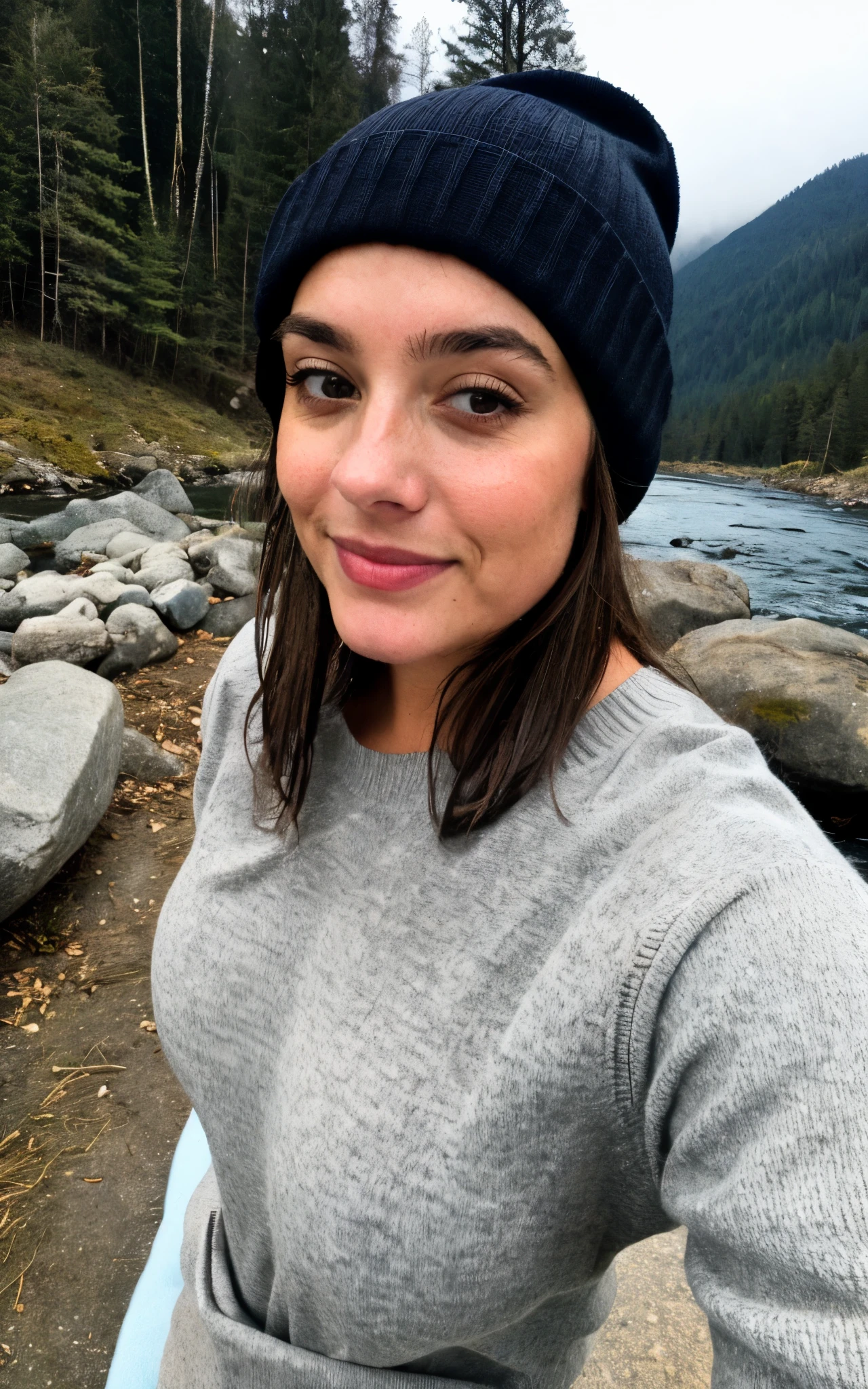 photograph, photo of beautiful woman, selfie, upper body, solo, wearing pullover, outdoors, (night), mountains, real life nature, stars, moon, cheerful, happy, gloves, sweater, beanie, forest, rocks, river, wood, smoke, fog, looking at viewer, skin texture, photo grain, close up, RAW photo, adult photo,  with camera, wet , closeups cleavage 