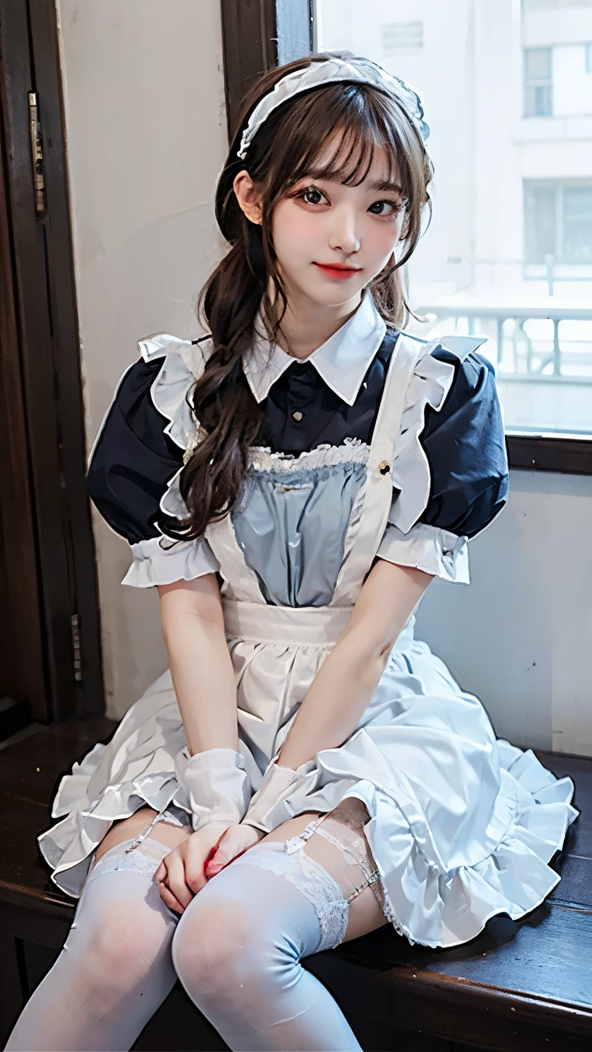 (masterpiece), (extremely detailed), (ultra detailed), (1girl, kawaii:1.3), looking at viewer, corset jumper skirt, BREAK (white garter belt, white stockings, white apron:1.4), BREAK (pale blue clothes, white shirt, short puffy sleeves:1.4), beautiful black hair, (braid), (beautiful and detailed black eyes:1.2), leaning forward, indoors, in diner, laugh, parky, energish,, (embarrassed:0.8),  