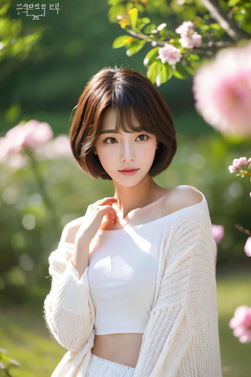 Beautiful Korean fashion model short bob photorealistic spring