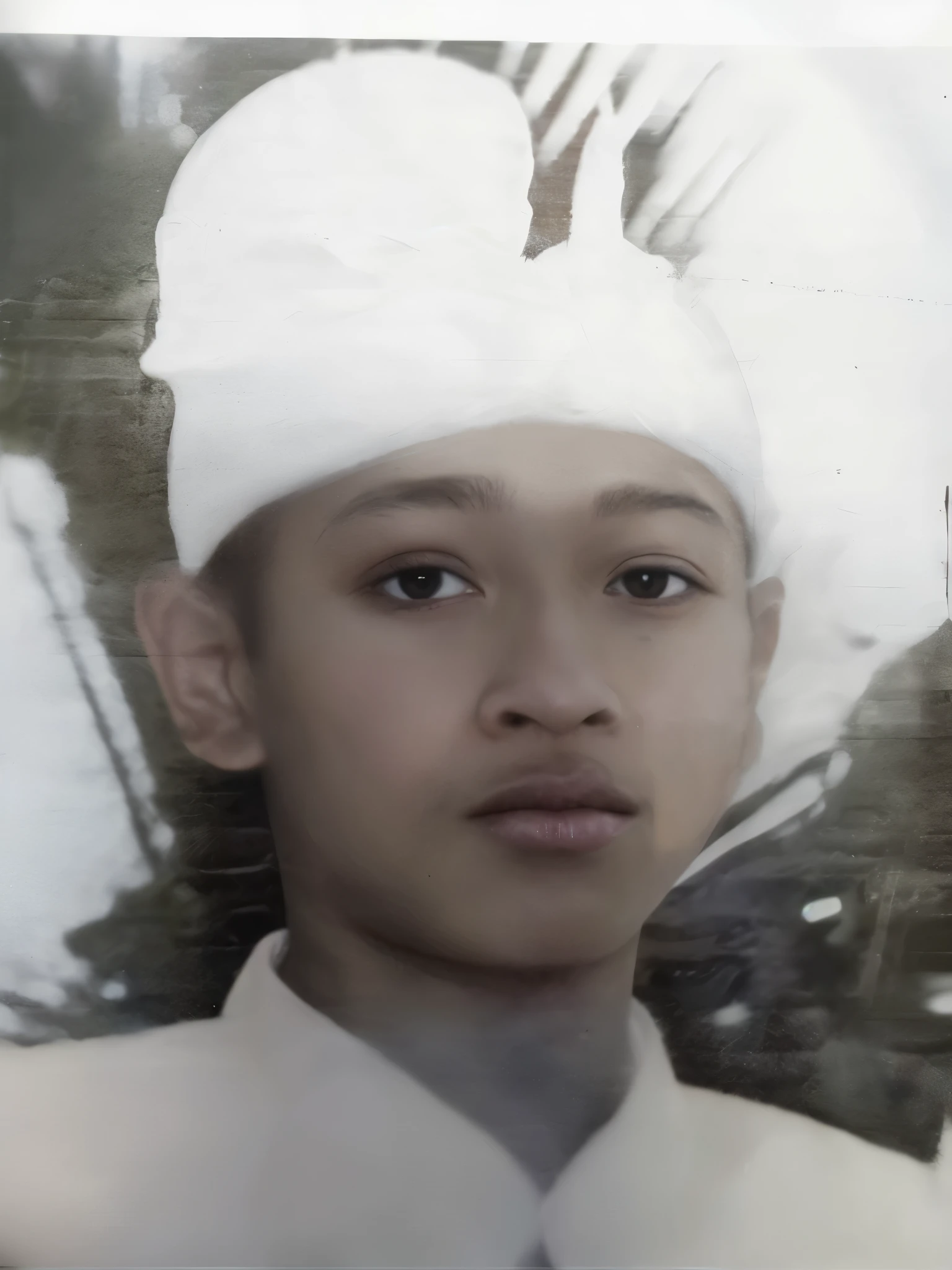 there is a young boy wearing a white hat and tie, inspired by I Ketut Soki, detailed face of a asian boy, portrait 4 / 3, inspired by Sasha Putrya, ruan jian, hannah yata, inspired by Oka Yasutomo, inspired by Basuki Abdullah, close up potrait, potrait, mid shot portrait true color