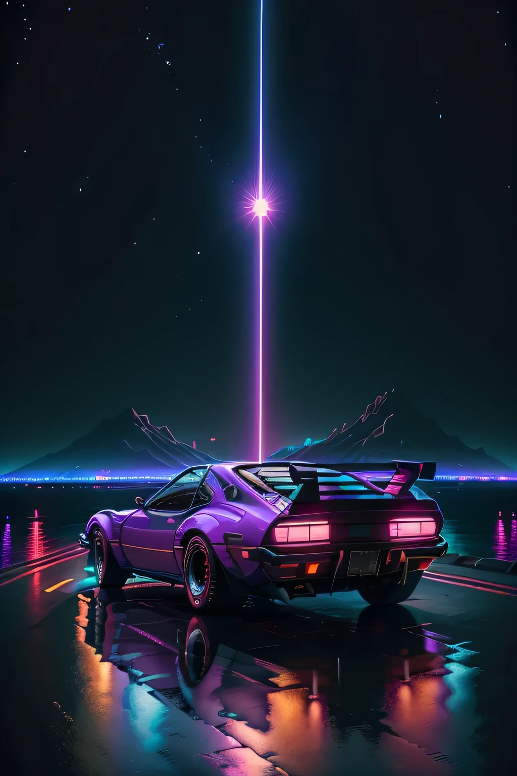 retrowave. City, 1969 Nissan S30, wide body kit, road,  purple neon light, sun, Mountain, 
(masterpiece,detailed,high resolution),