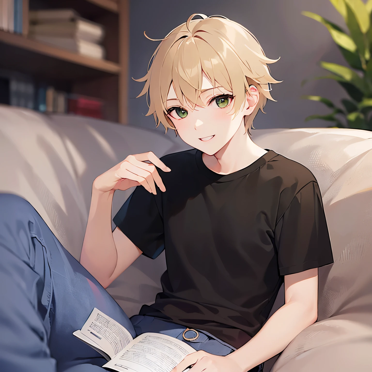 own hands together, masterpiece、high quality、(20 year old man with short blonde hair and green eyes:1.5)、sissy boy, wearing a black T-shirt、(Alone:1.5)、(smile:1.1)、(close up of your face:1.3)、(Only the upper body is shown.:1.3)、Stay in the living room、sitting on the sofa、