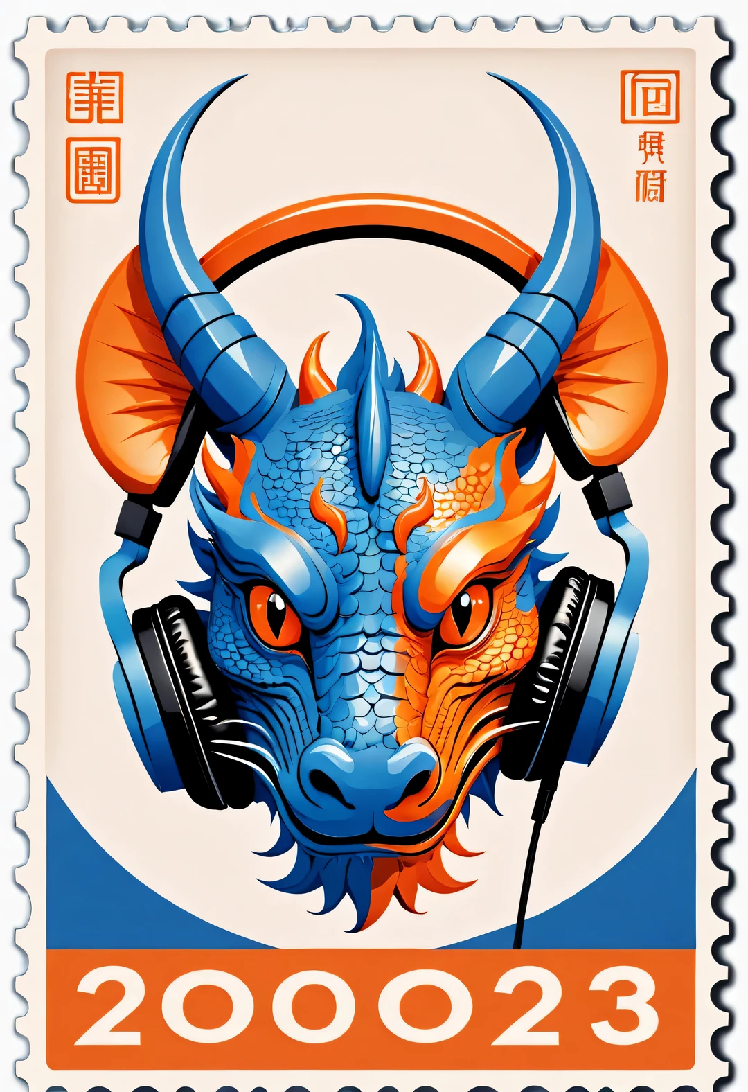 in style of postage stamp design ,,Orange and blue simple chinese dragon wearing big headphones,(The stamp is postmarked 2023),vintage