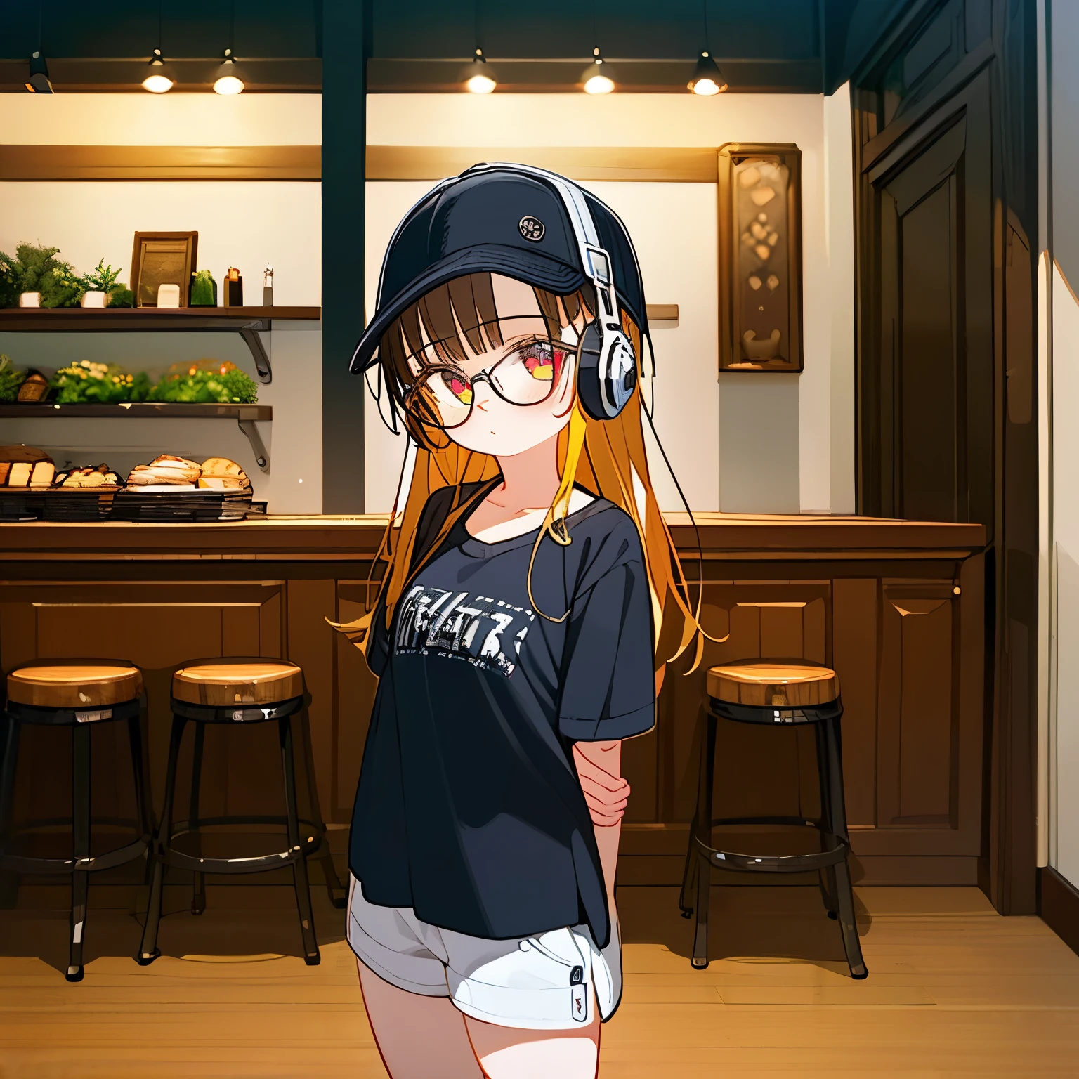 (best quality,masterpiece:1.3),((cute 1 girl:1.2)),(,8 :1.4), expressive eyes, perfect face, eye (red), Simple White Headphones, Bucket Hat, wolf hair Black, Round Glasses Black, Tote Bag, oversize shirt, no pant, cafe, arms behind back, low view