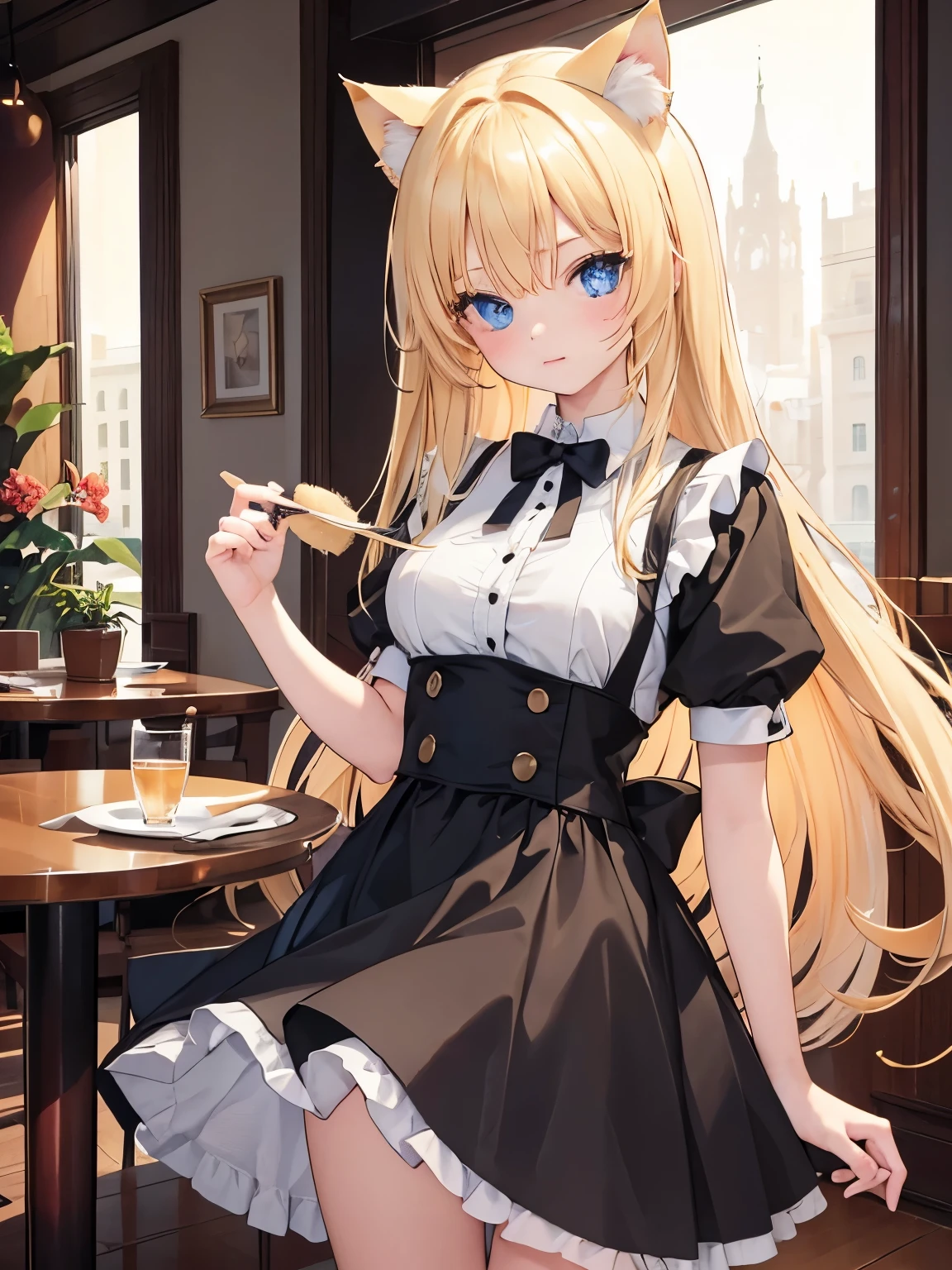 masterpiece, {{{{Highest quality}}}}, beautiful,NSFW,1 girl, blonde_hair, cat ears(blonde), cat tail(blonde) , {{restaurant}},{waitress},