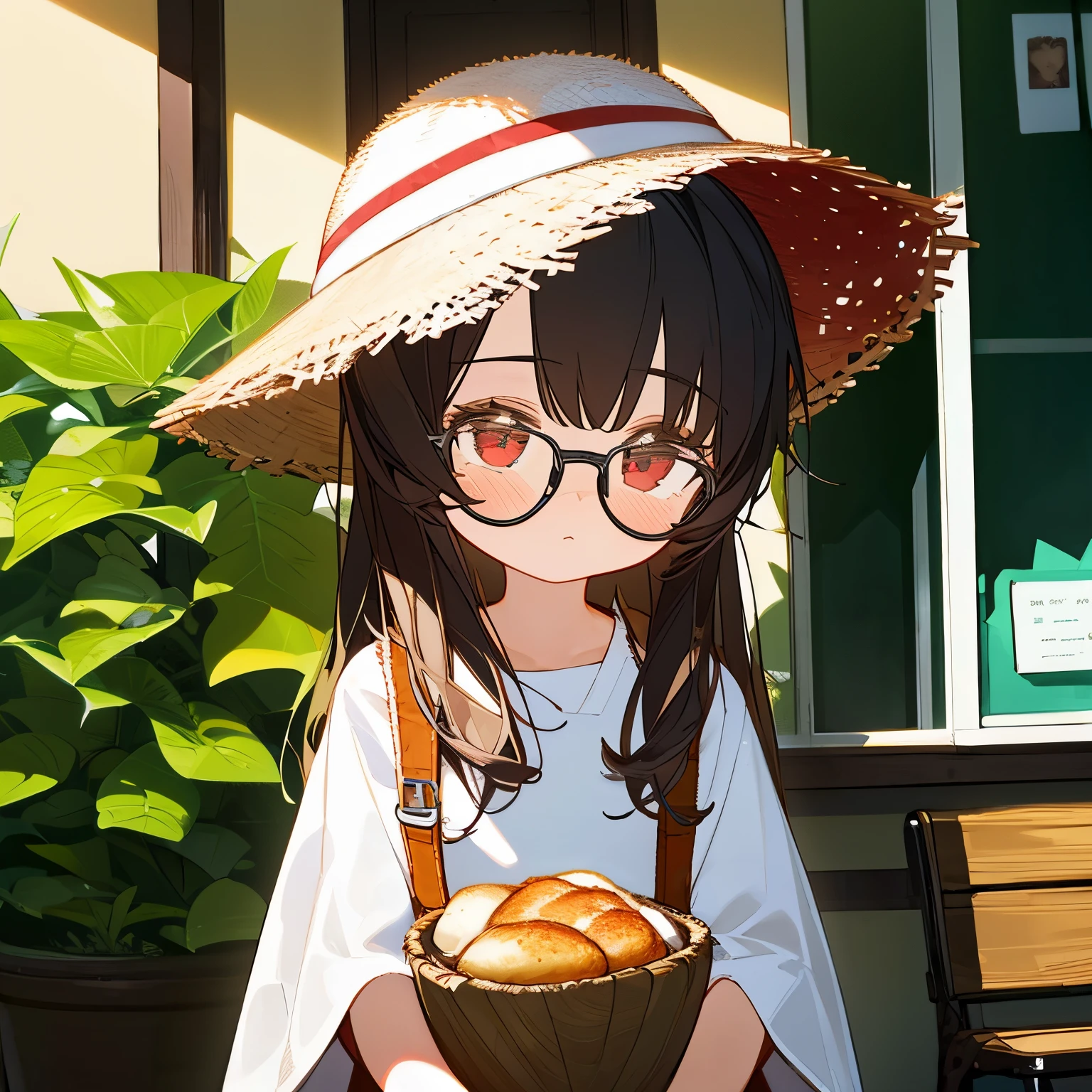 (best quality,masterpiece:1.3),((cute 1 girl:1.2)),(,8 :1.4), expressive eyes, perfect face, eye (red), Simple White Headphones, Bucket Hat, wolf hair Black, Round Glasses Black, Tote Bag, oversize shirt, cafe, low view