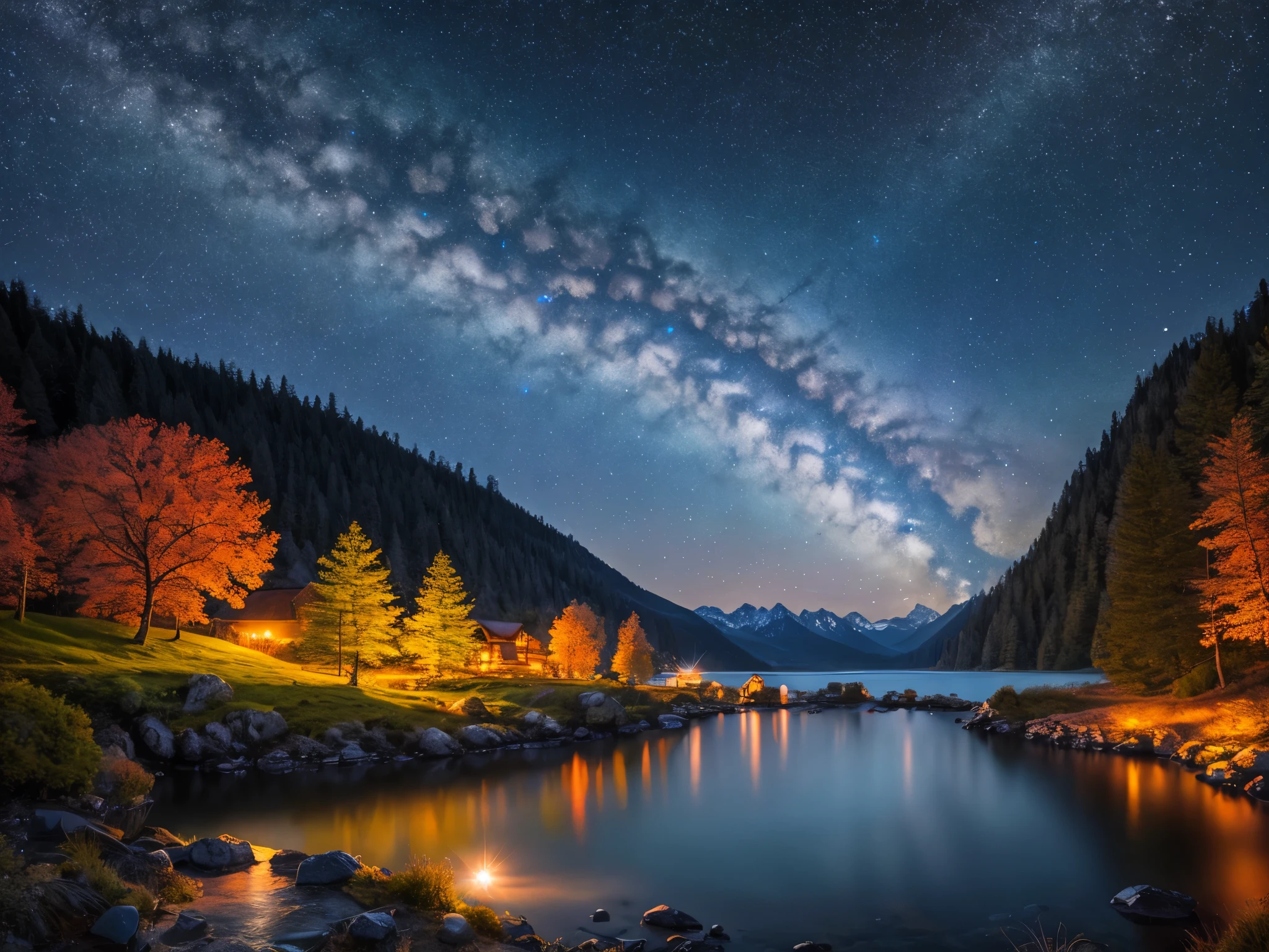 highest quality, masterpiece, Beautiful wild and nature fantasy landscape with sparkling lights