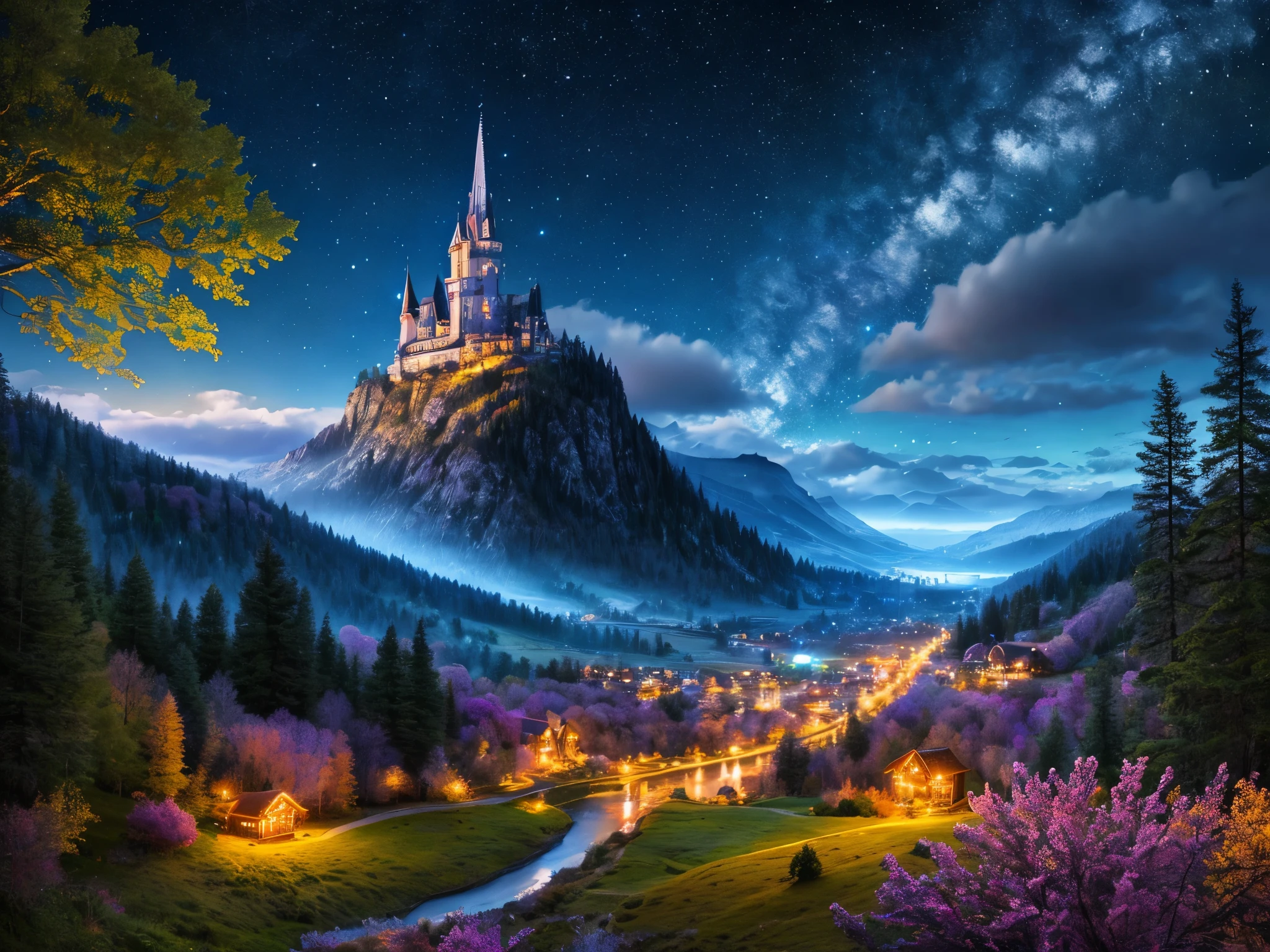 highest quality, masterpiece, Beautiful wild and nature fantasy landscape with sparkling lights