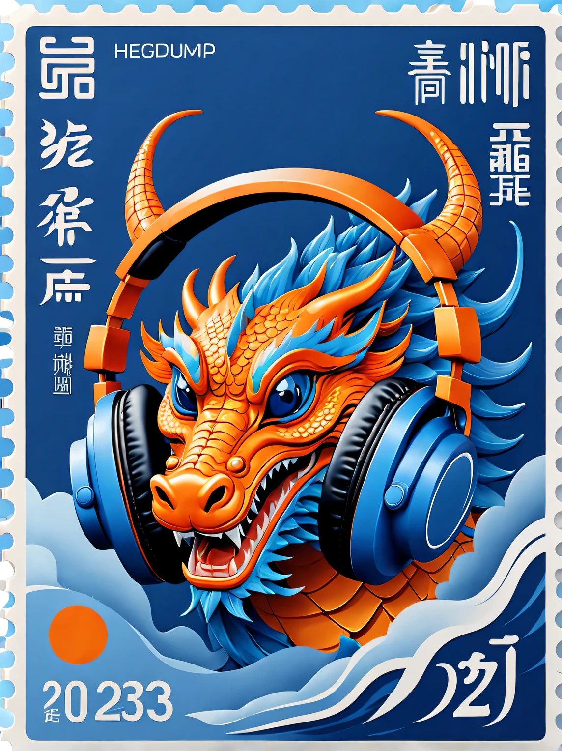 in style of postage stamp design ,Orange and blue simple chinese dragon wearing big headphones，The stamp is postmarked 2023，Spring Festival elements
