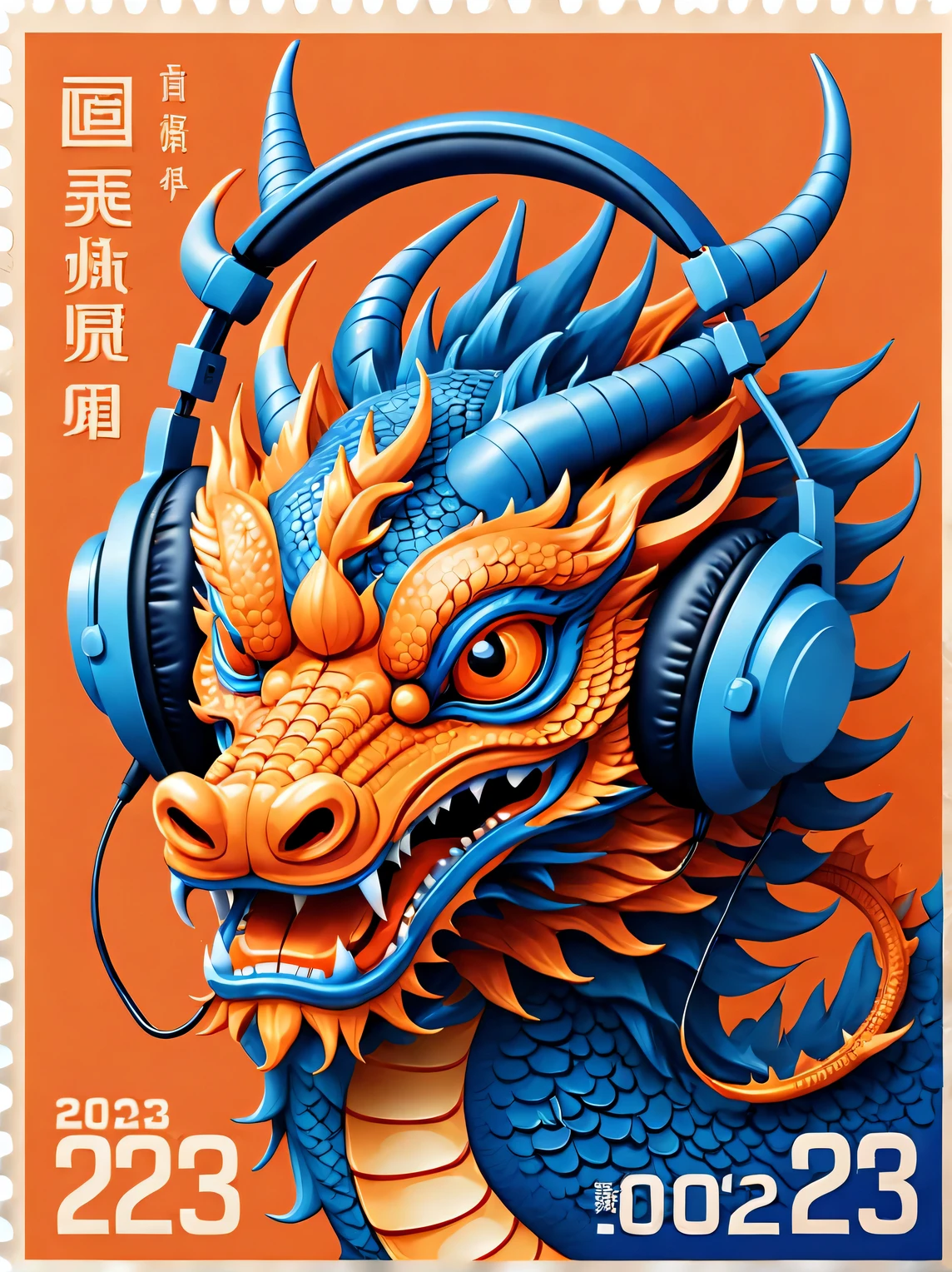 in style of postage stamp design ,Orange and blue simple chinese dragon wearing big headphones,The stamp is postmarked 2023,Spring Festival elements