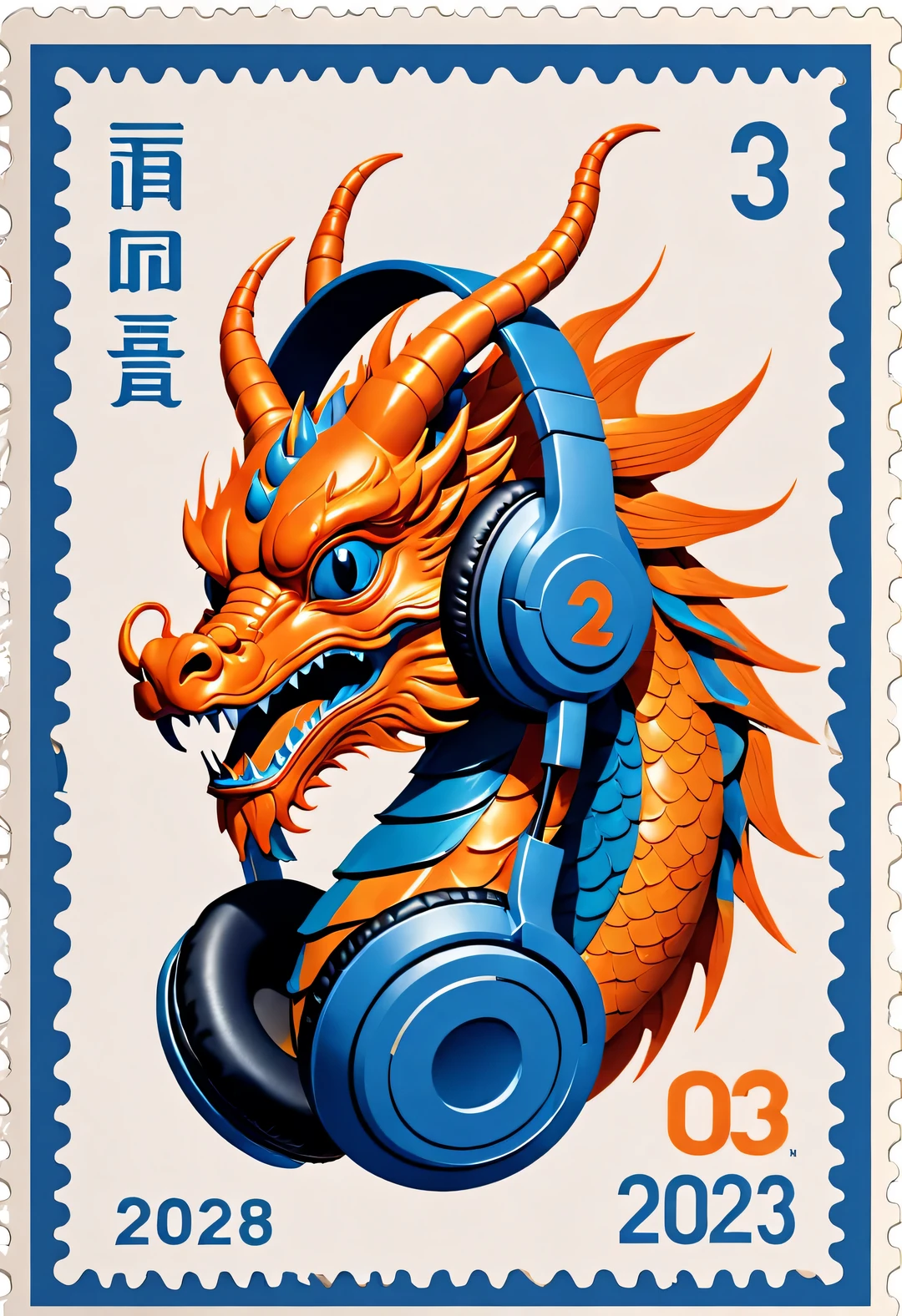 in style of postage stamp design ,,Orange and blue simple chinese dragon wearing big headphones,(The stamp is postmarked for 2023),Retro 2023