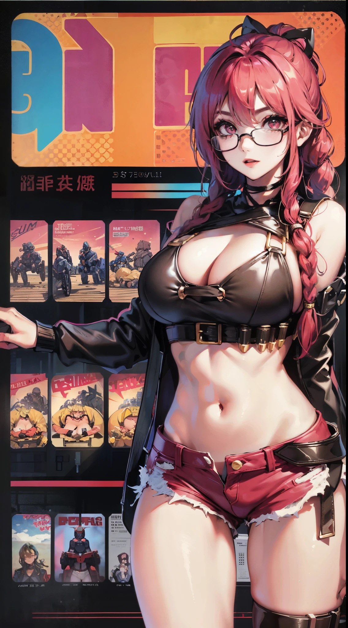 doom,meaty thighs，Poster publicity style，Mecha display，C cup，wear glasses，short shorts