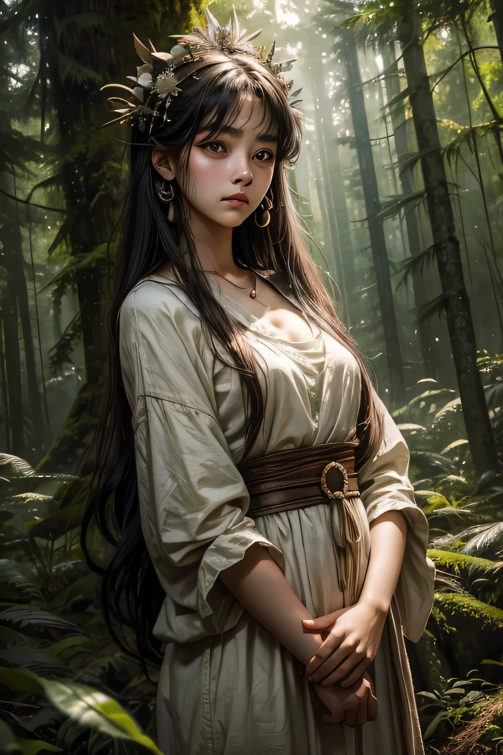 High resolution、clear eyes、no makeup、sad expression、wildlife。dense forest、Beautiful girl sacrificed、The world in a dream、skinny girl、high nose、Primitive period、、Frugal life。poor costume、lightly dressed