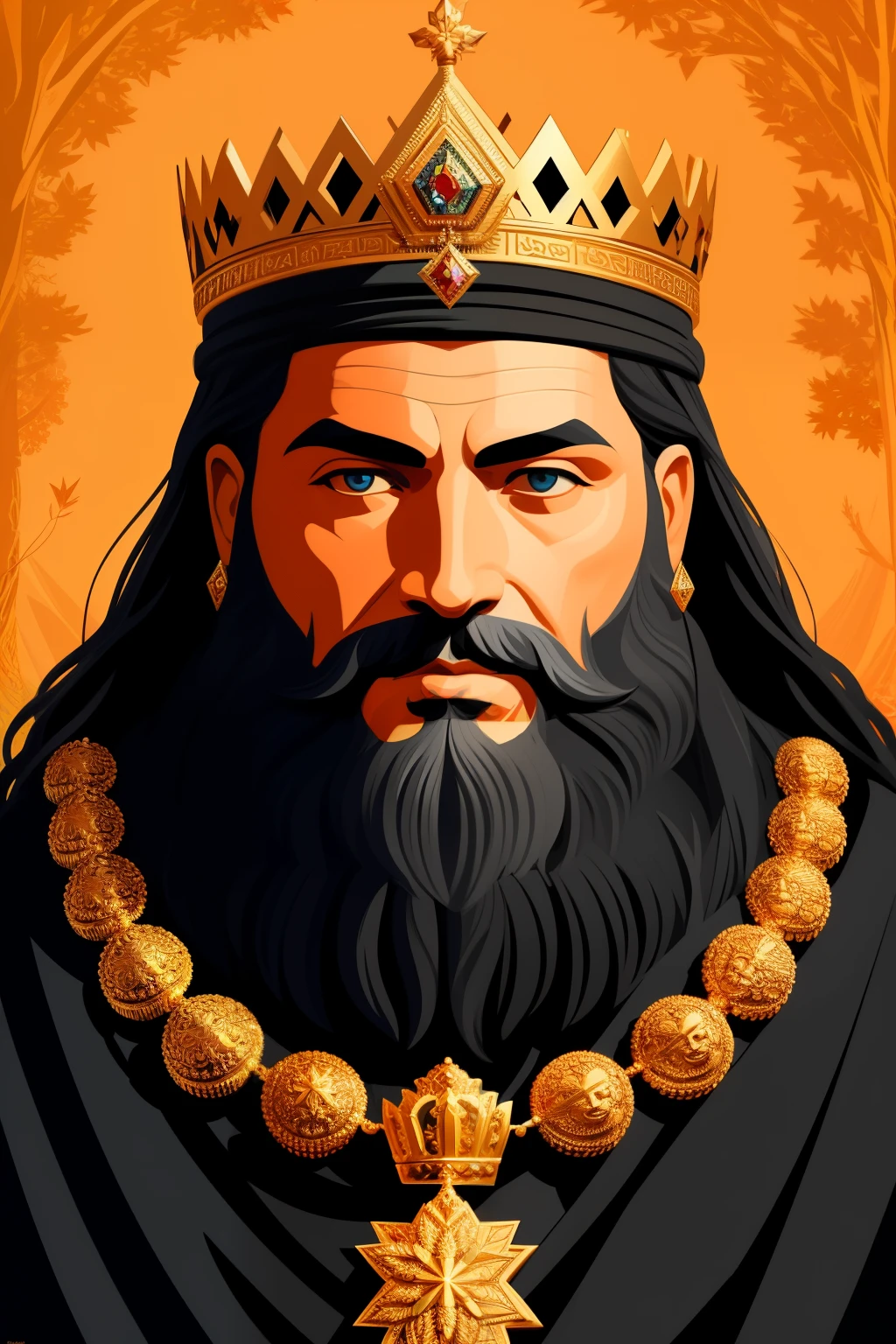 A regal and imposing portrait of a Slavic king, proudly donning a traditional crown adorned with intricate gold and jewels, deep set piercing eyes reflecting the wisdom of centuries, a well-groomed beard reaching down to his chest, set against a backdrop of an enchanting Slavic forest with brilliant autumn foliage, evoking a sense of power and grandeur, hyperrealistic, digital art, illustration, 8k, concept art, surrealism, isometric style, vector art, high contrast, oil painting, masterpiece, renowned artist, Folkore, Mythology, Legendary figure.