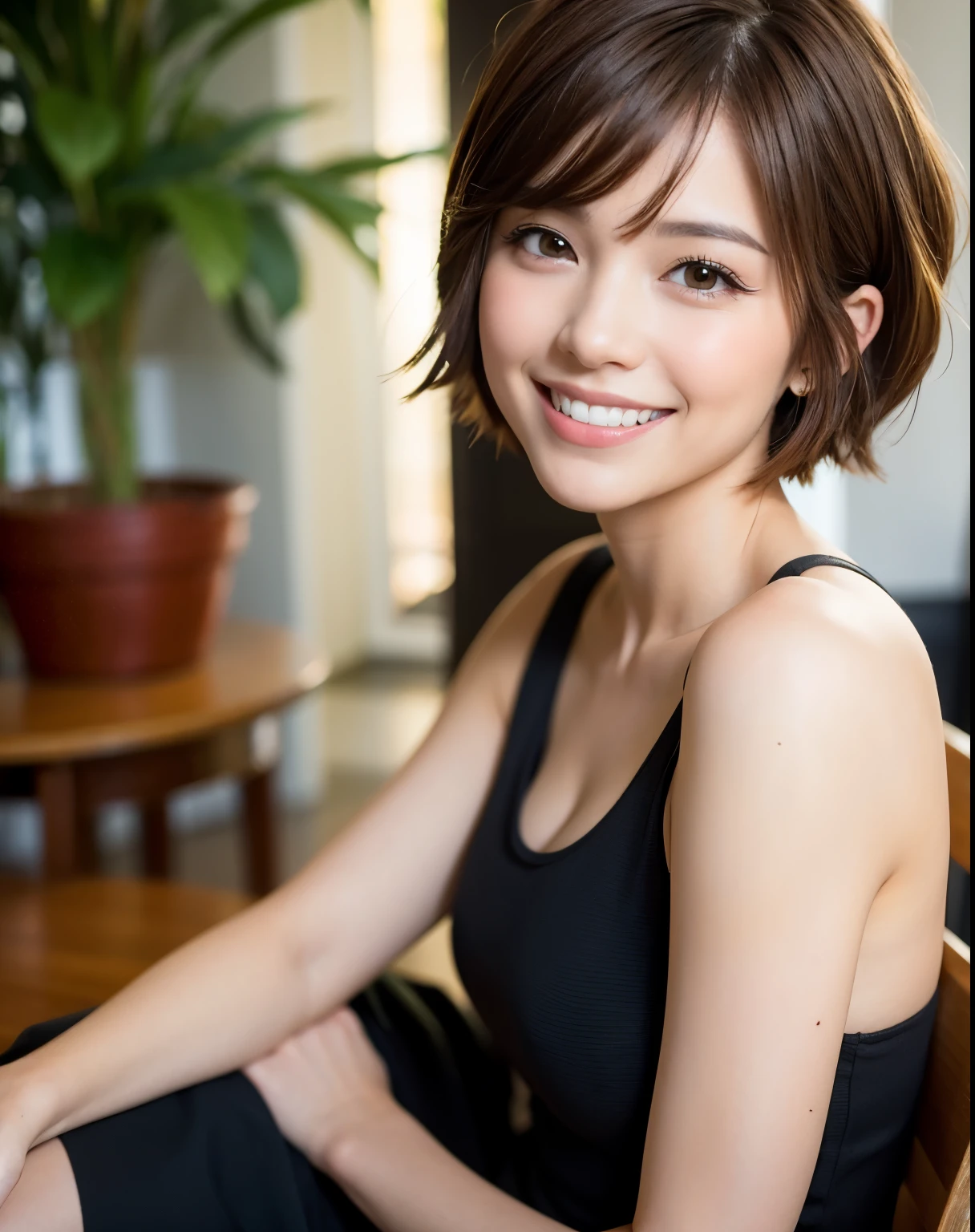 Short hair, uneven tips, pixie cut, smile, brown hair
