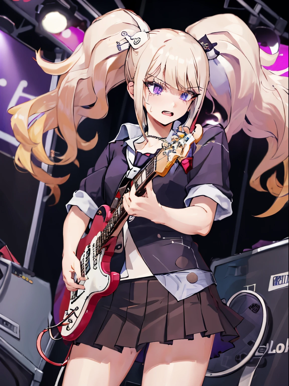 Highest quality,masterpiece,THE ALFEE,Toshihiko Takamizawa model,Twin neck guitar,Playing electric guitar,１People Girls,cute,Twin tails,Light blue eyes,Anime Style,Large Breasts,Lolita,In the spotlight,On stage,enjoy,smile,Sweat,