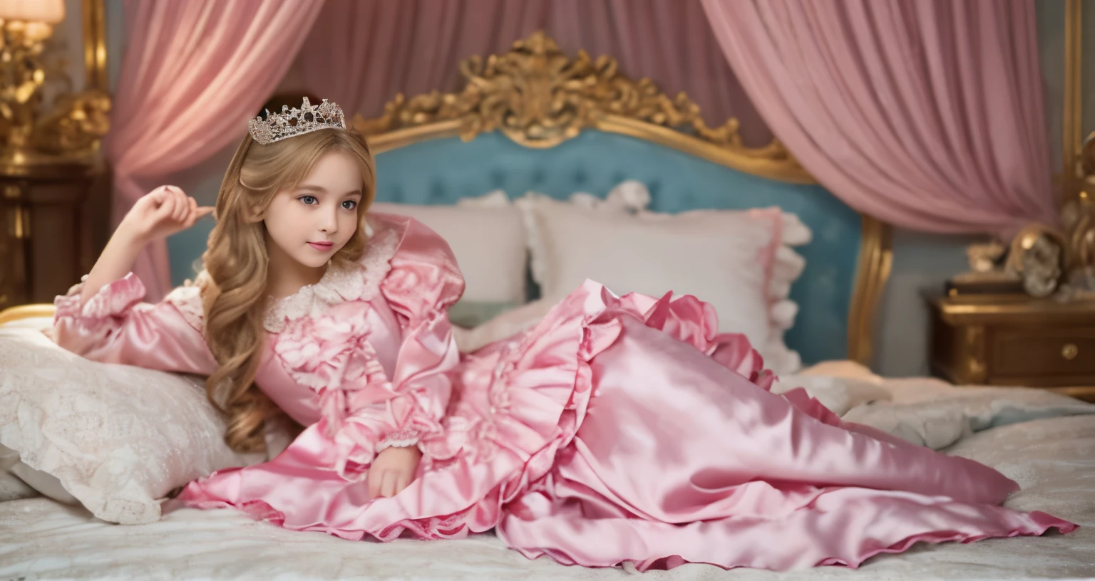 ,highest quality, masterpiece, highest resolution, artwork, super それにget used to it, many get used to it, get used to it, それにget used to it, 3K realistic photos,,((女の子)),Super detailed baby face,thls are princesses,Full length ball gown dress with hoop skirt,ruffled yoke collar,puff sleeves,long sleeve,((Lolita style hot pink detailed princess satin dress、Comes with lots of frills and ribbons。)),colorful rococo fashion,shiny satin dress,Soft and smooth fabric,luxury,long blonde hair,blue eyes,white skin european,pajamas,((inside the palace)),,,(( 10 years old)),Super y face,Full length ball gown d hoop skirt,long skirt,ruffled yoke collar,puff sleeves,腰まで伸びるlong blonde hair,blue eyes,white skin european,pajamas,((inside the palace bedroom)),シルクサテンのluxuryなcanopy bedの上,canopy bed,Luxurious curtains on both sides of the bed,many frilly pillows on the bed,super detailed background,Detailed bed,romantic atmosphere,two little princesses on the bed,Two people hugging each other,((((Both legs are hidden in the dress)))),the dress is spread out on the bed,soft silk satin comforter,soft silk satin ruffled pillow,Beautiful girl illustration,detailed beautiful face detailed hair,detailed human eye ,detailed mouth, arm details,fine hands,Detailed pillow,