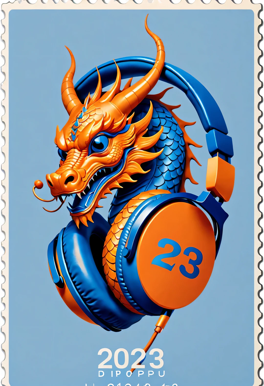 in style of postage stamp design ,,Orange and blue simple chinese dragon wearing big headphones,(The stamp is postmarked for 2023),Retro 2023