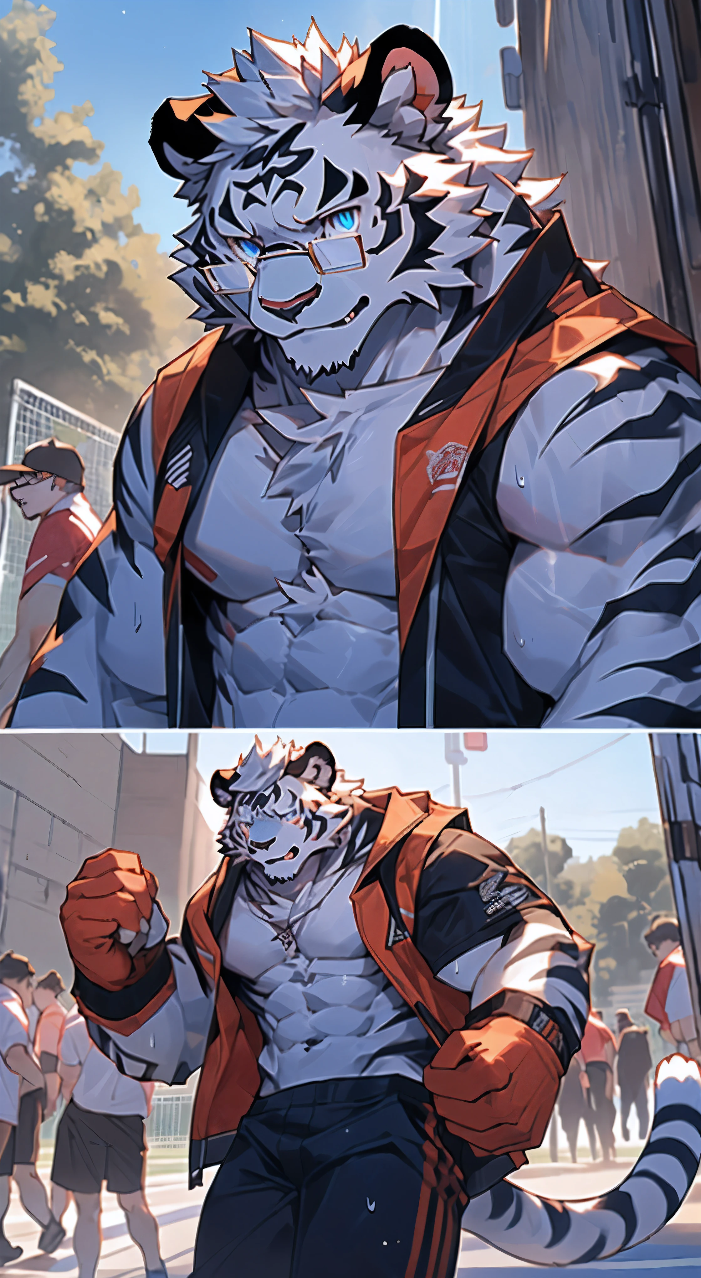 hairy的,Bright Eyes,exquisite eyes,hairy,the white tiger,Glasses,方框Glasses,黑色Glasses,loopholes'Eye view, 一头the white tiger,White Tiger,white fur,Black stripes,male,High school students,sports student,tough guy,Rough guy,humble,charming,Handsome,sunny,august,domineering,tall and strong,Large pecs,8-pack abs,blue pupils,Shy ,nervous,blush,Shy,Shy,sweaty,half naked,shirtless,shirtless,not wearing clothes,戴着Glasses,戴着黑色方框Glasses,erect,Tempting,alone,intoxicated,pant,in motion