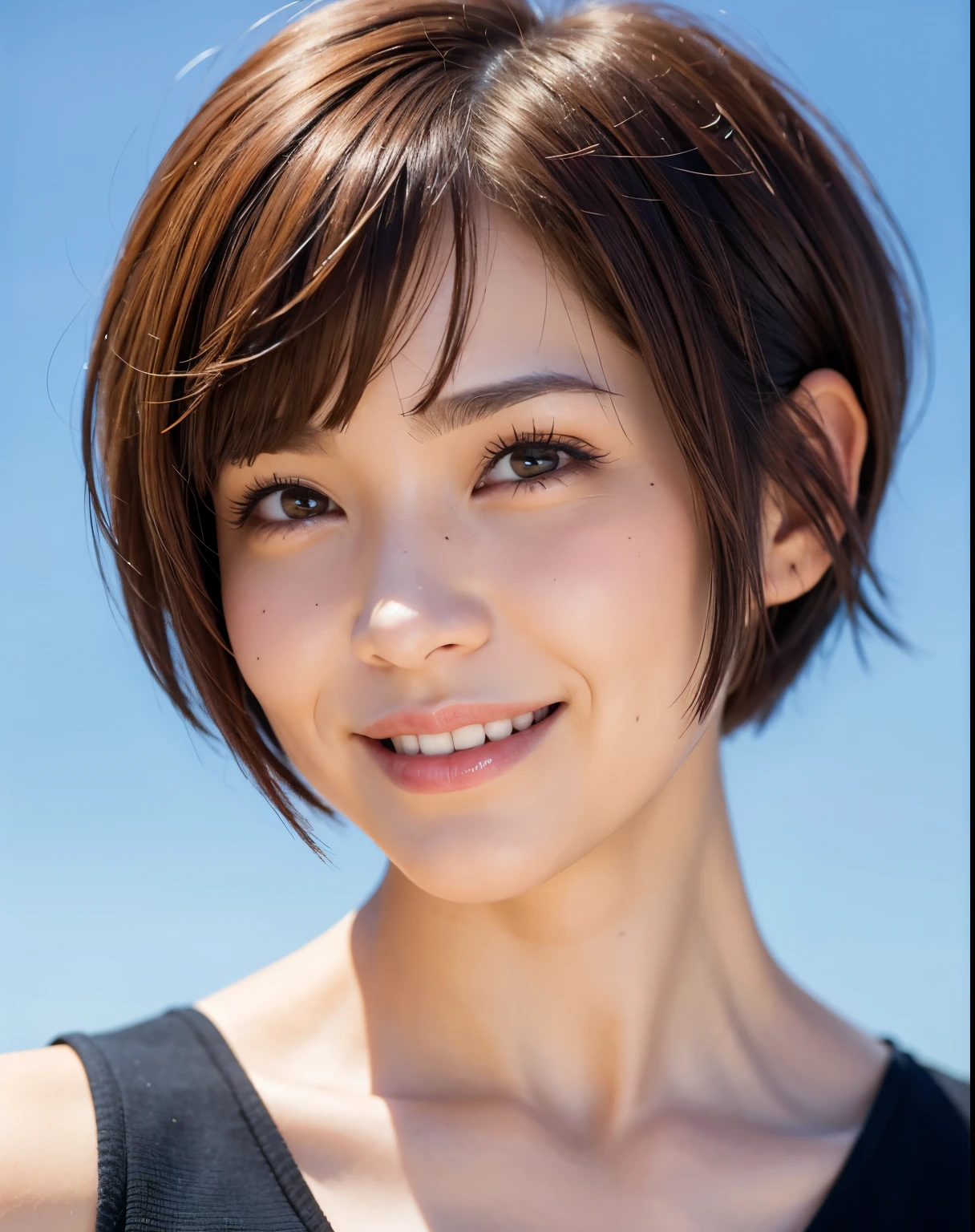 Short hair, short hair, pixie cut, uneven tips, smile, brown hair