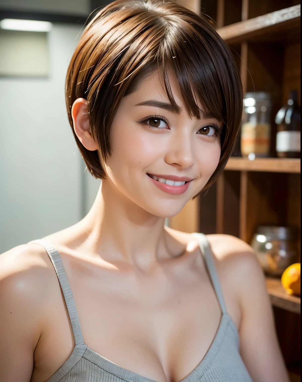 最high quality,8K,Vibrant,Sharp focus,high quality,High resolution,Middle-aged women,49 years old,((Wrinkles around the eyes)),((wrinkles around the mouth)), (whole body),(Very slim and delicate body),Completely naked,Short Hair,A kind smile,(Small breasts:1.3),Erect nipples,office
