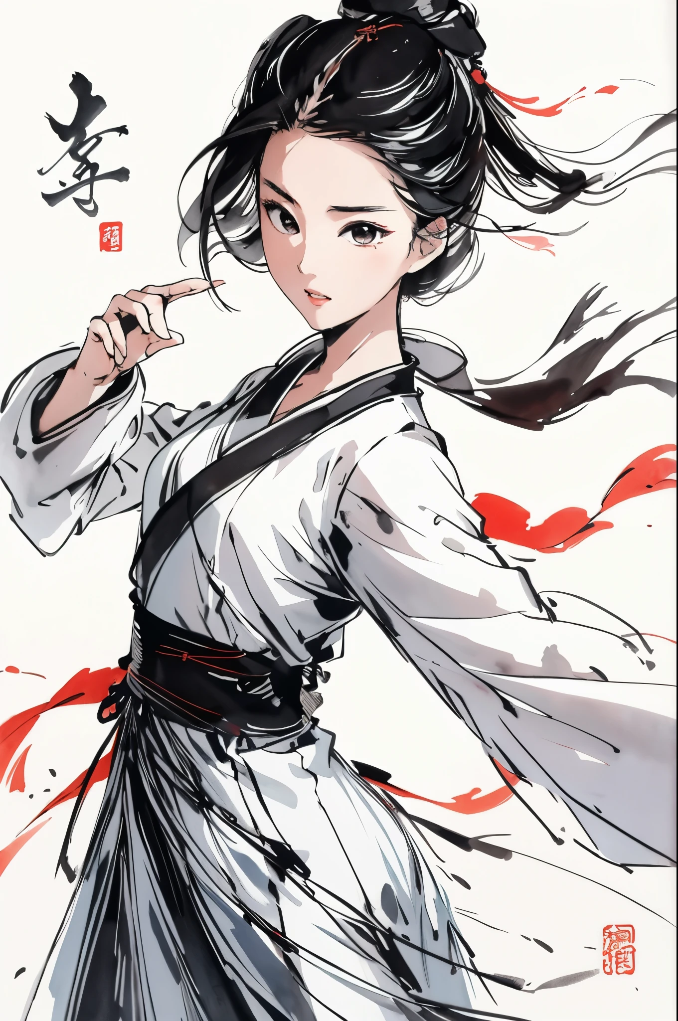 liuyifei, (closeup:1.2), 1girl, Solo, tradition Chinese dress, jumping with kungfu pose, Simple background, White background, Ink wind
