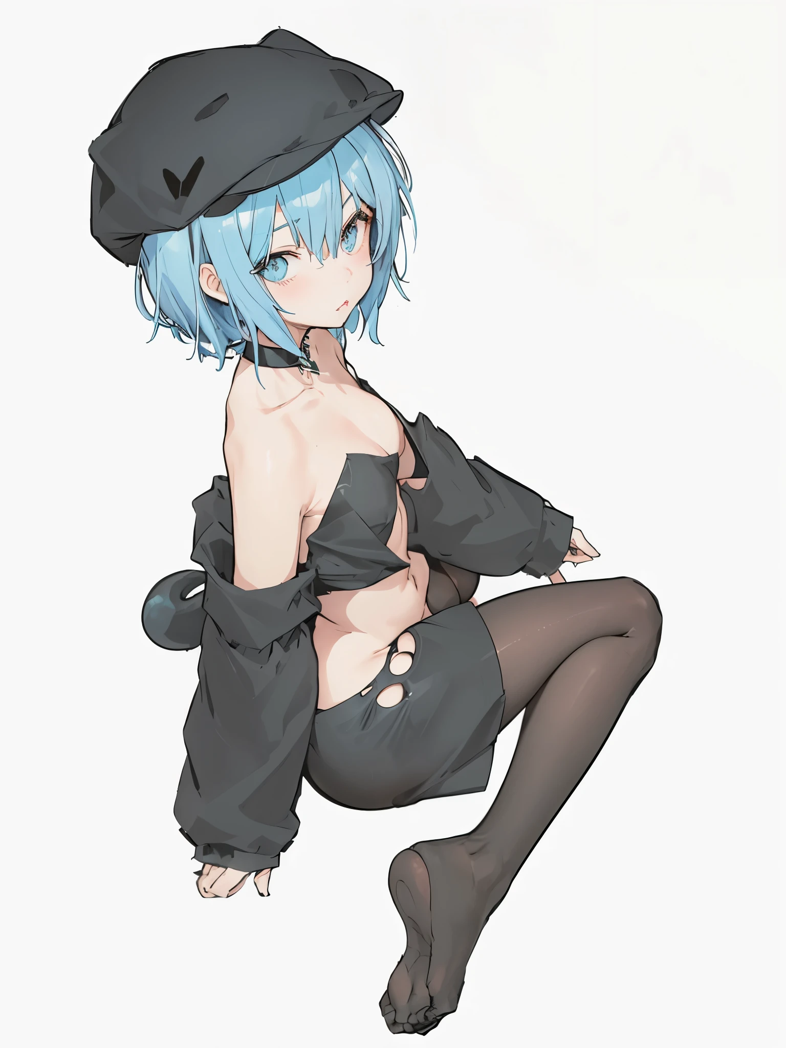 Anime girl with blue hair and black clothes posing naked, Anime cute art style, various postures, 2D anime style, cartoon shading anime, Small curvaceous , neutral posture, casual gesture, anime girl squatting, fleet collection style, a two-dimensional style, cartoon shading!!!, 2b, 2b, whole body!!, seductive anime girls,Black cat ear cap,Godless