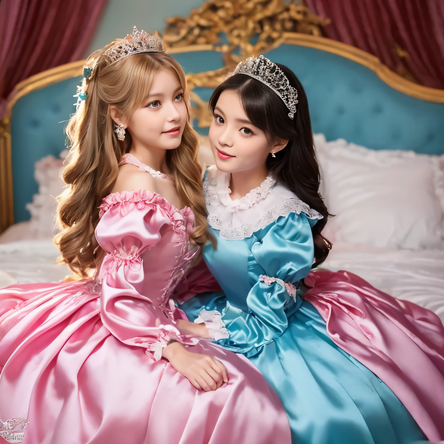 ,highest quality, masterpiece, highest resolution, artwork, super それにget used to it, many get used to it, get used to it, それにget used to it, 3K realistic photos,,((女の子)),Super detailed baby face,the two girls are princesses,Full length ball gown dress with hoop skirt,ruffled yoke collar,puff sleeves,long sleeve,((Lolita style pink detailed princess satin dress、Comes with lots of frills and ribbons。)),colorful rococo fashion,shiny satin dress,Soft and smooth fabric,luxury,long blonde hair,blue eyes,white skin european,pajamas,((inside the palace)),,,(( 10 years old)),Sd baby face,Full length ball gown dress with hoop skirt,long skirt,ruffled yoke collar,puff sleeves,腰まで伸びるlong blonde hair,blue eyes,white skin european,pajamas,((inside the palace bedroom)),シルクサテンのluxuryなcanopy bedの上,canopy bed,Luxurious curtains on both sides of the bed,many frilly pillows on the bed,super detailed background,Detailed bed,romantic atmosphere,two little princesses on the bed,Two people hugging each other,((((Both legs are hidden in the dress)))),the dress is spread out on the bed,soft silk satin comforter,soft silk satin ruffled pillow,Beautiful girl illustration,detailed beautiful face detailed hair,detailed human eye ,detailed mouth, arm details,fine hands,Detailed pillow,