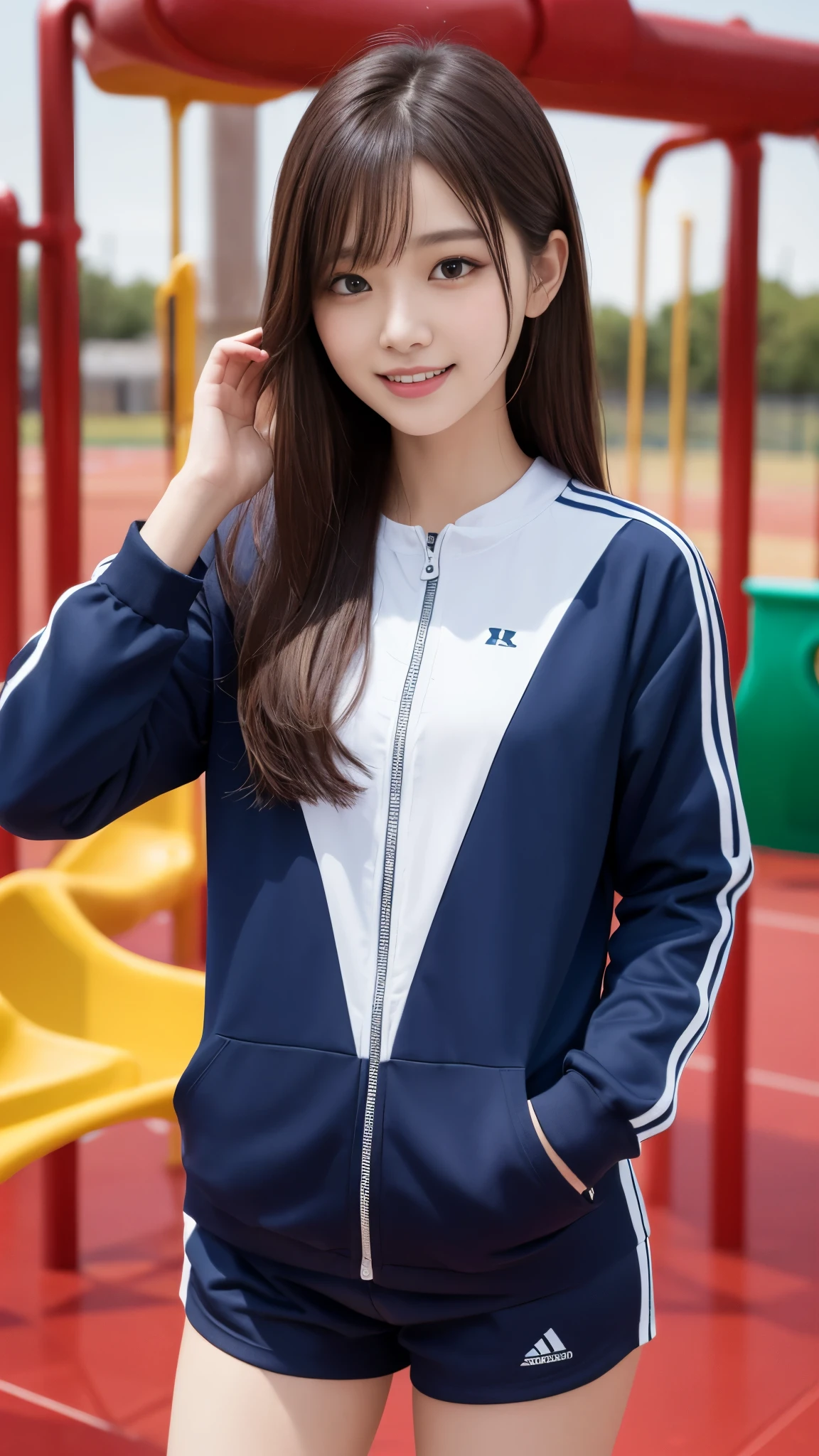1girl in、Top image quality、Young Adult Women、hposing Gravure Idol、a blond、blue eyes、tennis coat、Tennis Wear、sneakers、A slender、realisticlying、ren、Correctly depict the structure of the human body、Anatomically correct depiction、A slight smil、Be sure to draw your face、