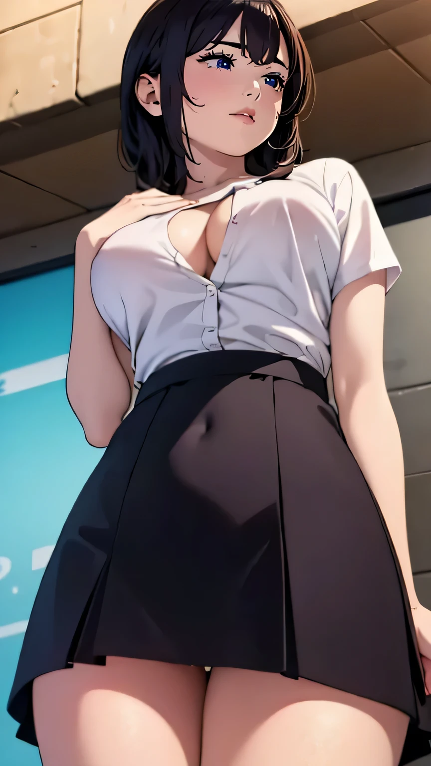 various compositions, looking away, (eyes realistic sizing, realistic skin, round face), small breasts, unbuttoned shirt, open her legs a little, (touching her breast or crotch with her hand, masturbation, sweat), thin casual dress with various pattern, (pubic-hair), downtown area, angle from below,