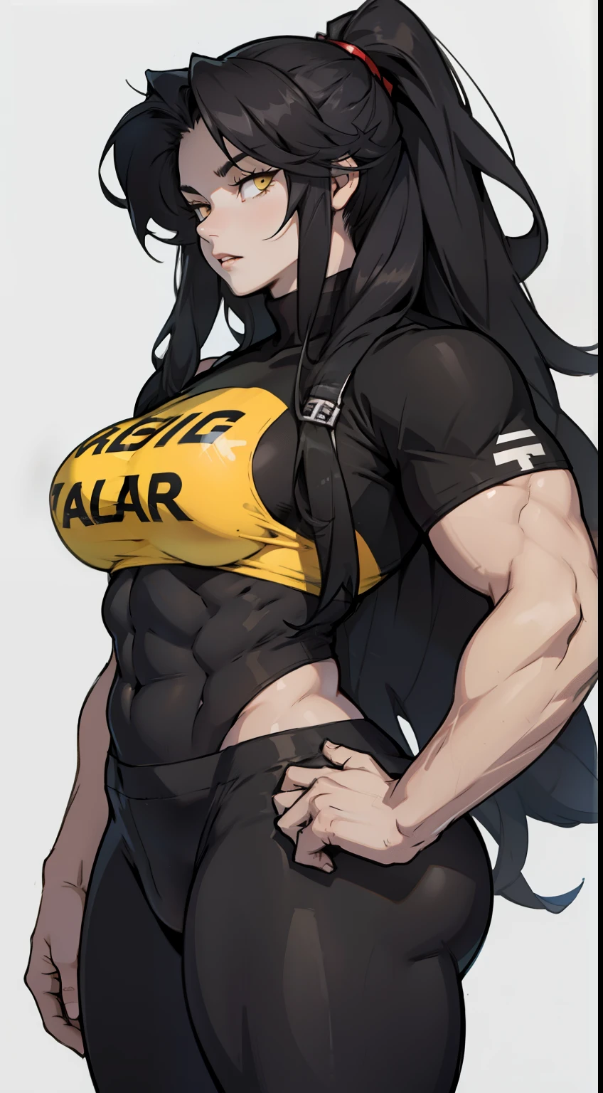 messy hair extremely long hair black hair yellow eyes pale skin girl (muscular girl thick thick) compression shirt