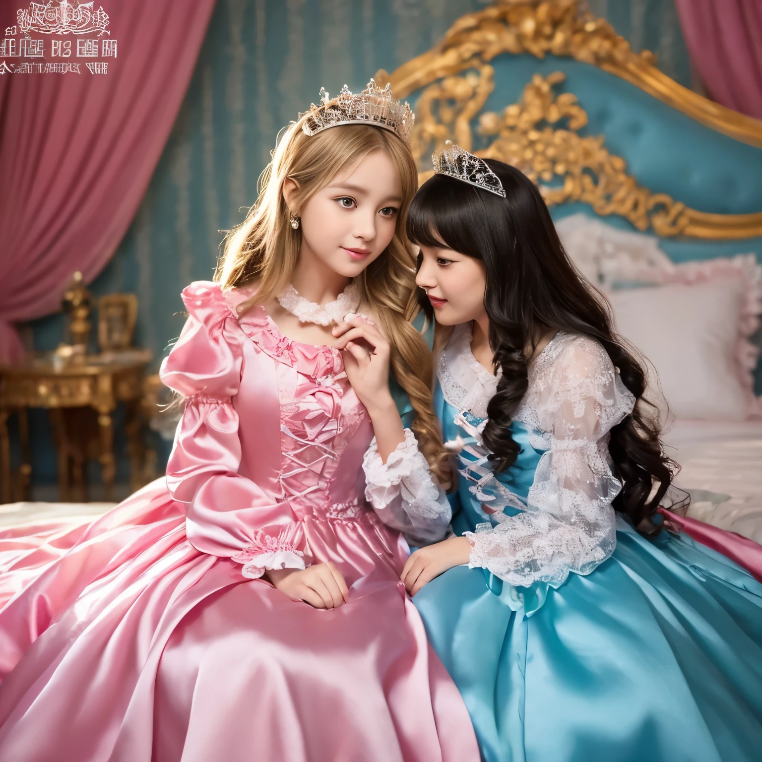 ,highest quality, masterpiece, highest resolution, artwork, super それにget used to it, many get used to it, get used to it, それにget used to it, 3K realistic photos,,((女の子)),Super detailed baby face,the two girls are princesses,Full length ball gown dress with hoop skirt,ruffled yoke collar,puff sleeves,long sleeve,((Lolita style pink detailed princess satin dress、Comes with lots of frills and ribbons。)),colorful rococo fashion,shiny satin dress,Soft and smooth fabric,luxury,long blonde hair,blue eyes,white skin european,pajamas,((inside the palace)),,,(( 10 years old)),Sd baby face,Full length ball gown dress with hoop skirt,long skirt,ruffled yoke collar,puff sleeves,腰まで伸びるlong blonde hair,blue eyes,white skin european,pajamas,((inside the palace bedroom)),シルクサテンのluxuryなcanopy bedの上,canopy bed,Luxurious curtains on both sides of the bed,many frilly pillows on the bed,super detailed background,Detailed bed,romantic atmosphere,two little princesses on the bed,Two people hugging each other,((((Both legs are hidden in the dress)))),the dress is spread out on the bed,soft silk satin comforter,soft silk satin ruffled pillow,Beautiful girl illustration,detailed beautiful face detailed hair,detailed human eye ,detailed mouth, arm details,fine hands,Detailed pillow,